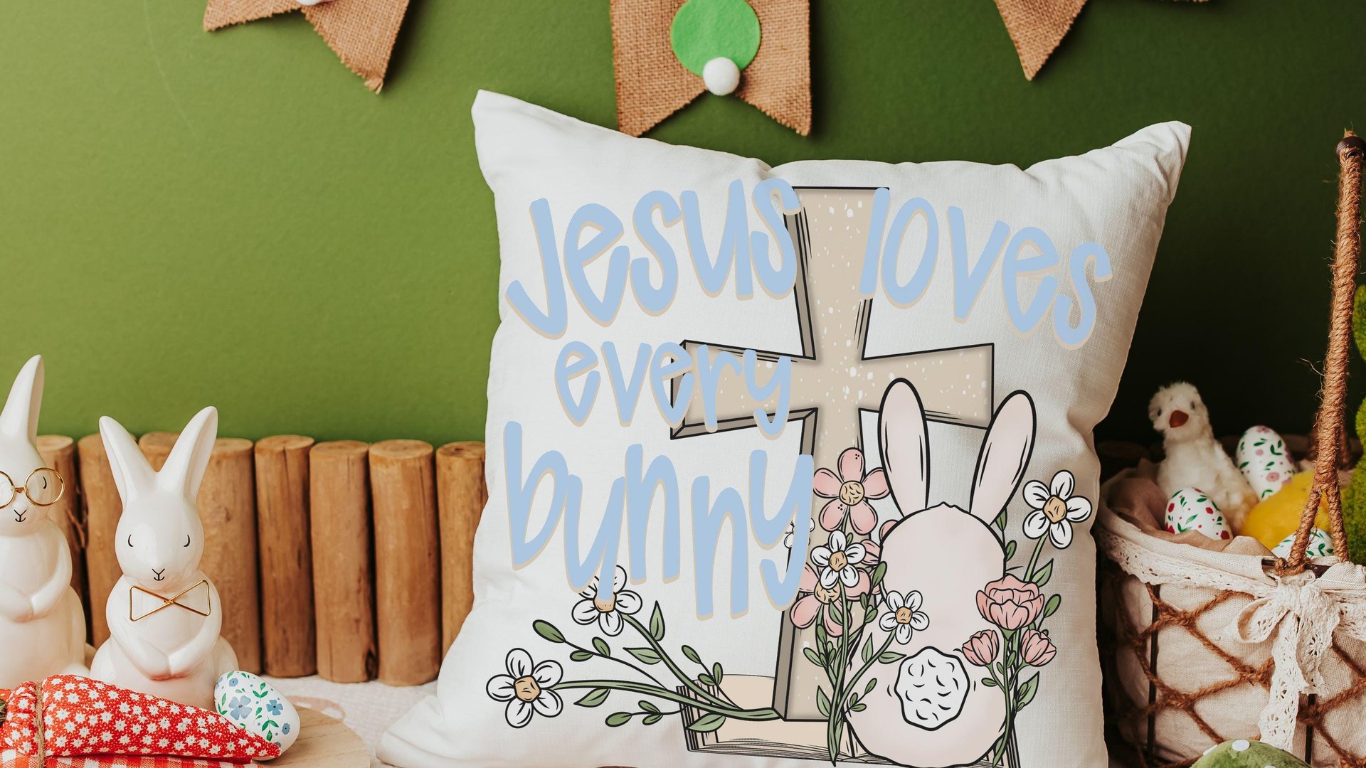 Jesus loves every bunny Easter throw pillows for nursery, Christian Easter basket stuffers for kids, Easter bunny decorative pillow covers
