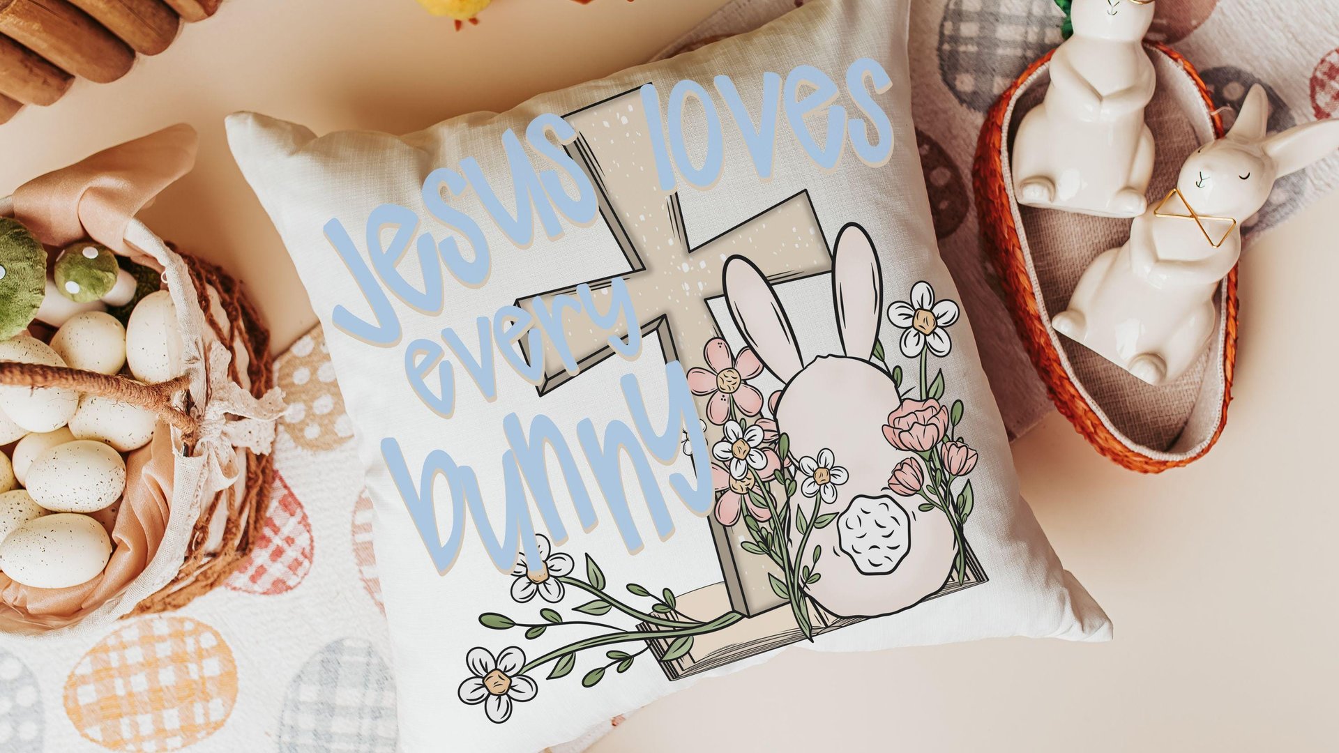 Jesus loves every bunny Easter throw pillows for nursery, Christian Easter basket stuffers for kids, Easter bunny decorative pillow covers