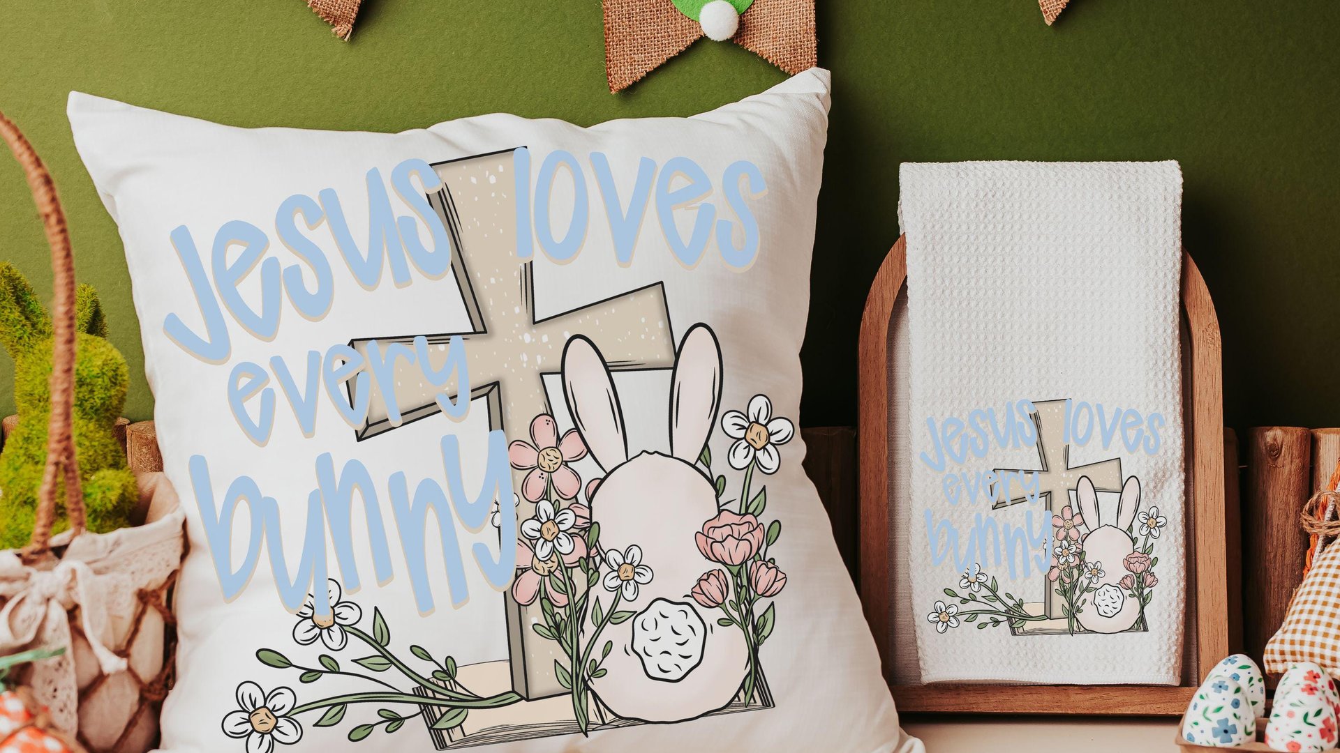 Jesus loves every bunny Easter throw pillows for nursery, Christian Easter basket stuffers for kids, Easter bunny decorative pillow covers
