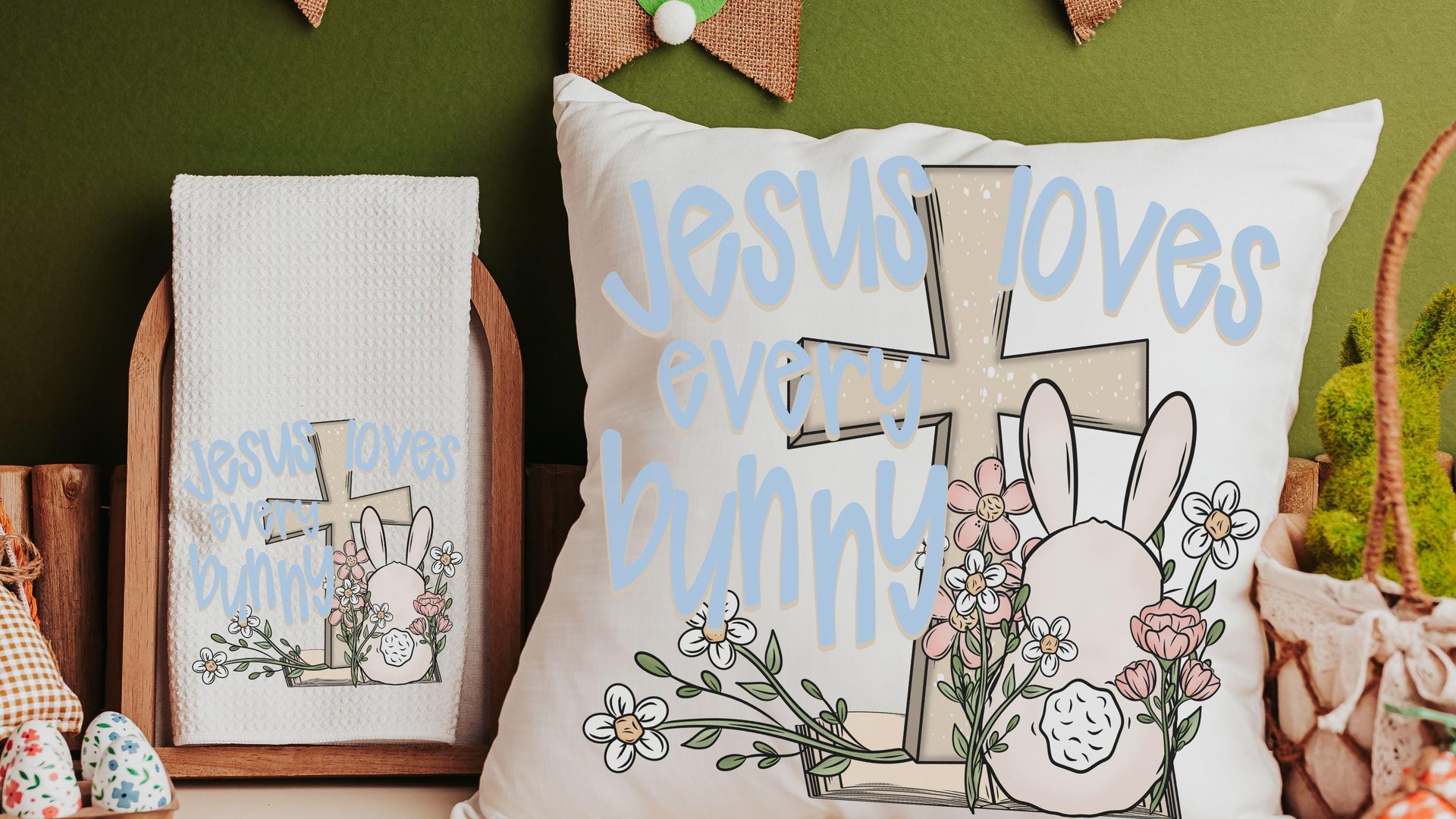 Jesus loves every bunny Easter throw pillows for nursery, Christian Easter basket stuffers for kids, Easter bunny decorative pillow covers
