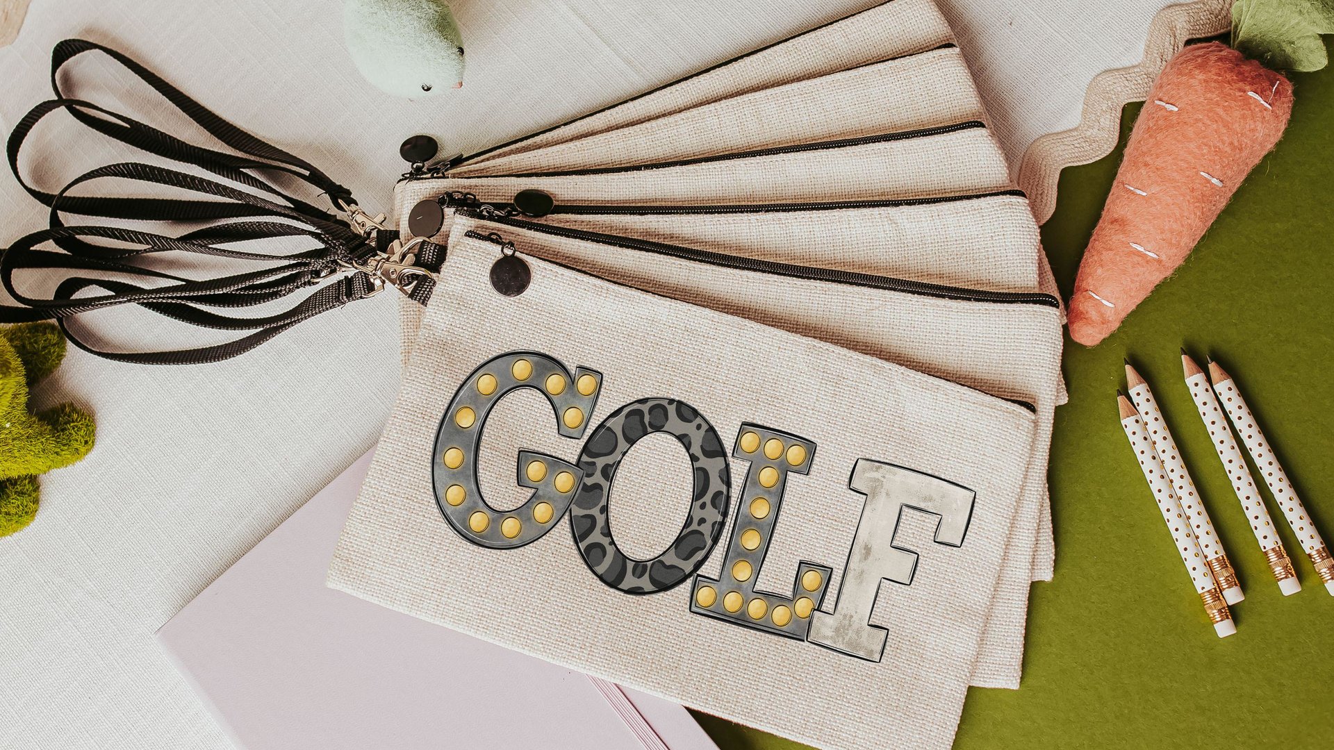 black leopard print golf bag accessory holder, marquee letters golf makeup bags for purse, golf mom Mothers day gifts for golfers, cute golf