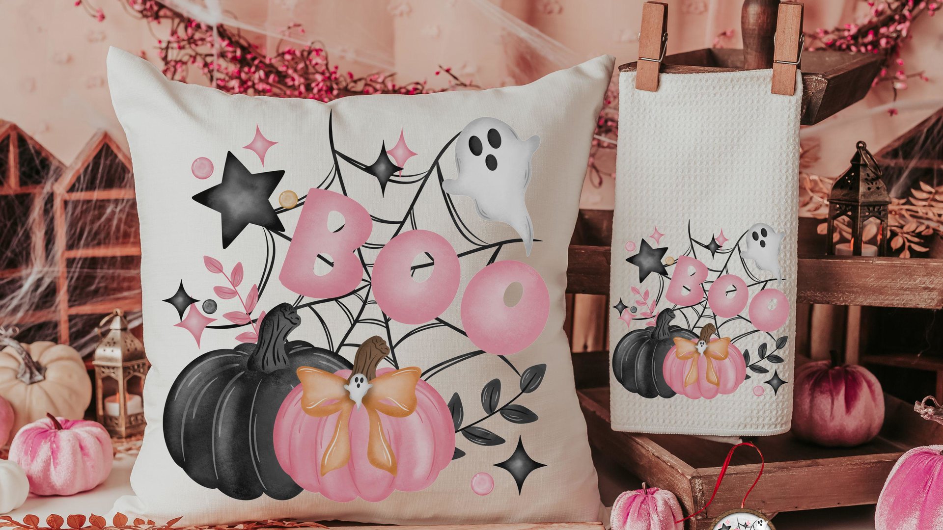 girly goth coquette Halloween tree ornament handmade, boo basket tag ghost ornament wood, cute Halloween gifts for adults, pink pumpkin door