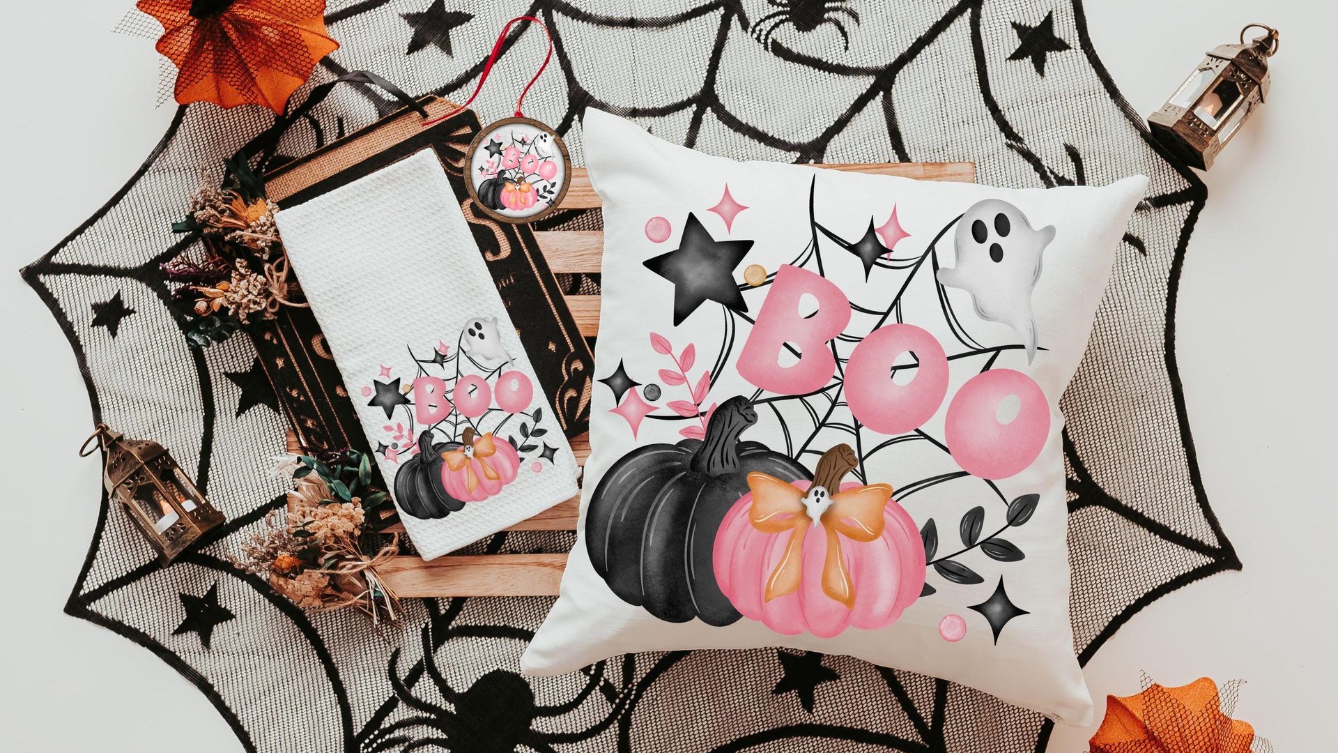 coquette Halloween throw pillow covers 18 x 18, boo basket stuffers for adults, cute Halloween gifts for women pink pumpkin pillow for couch