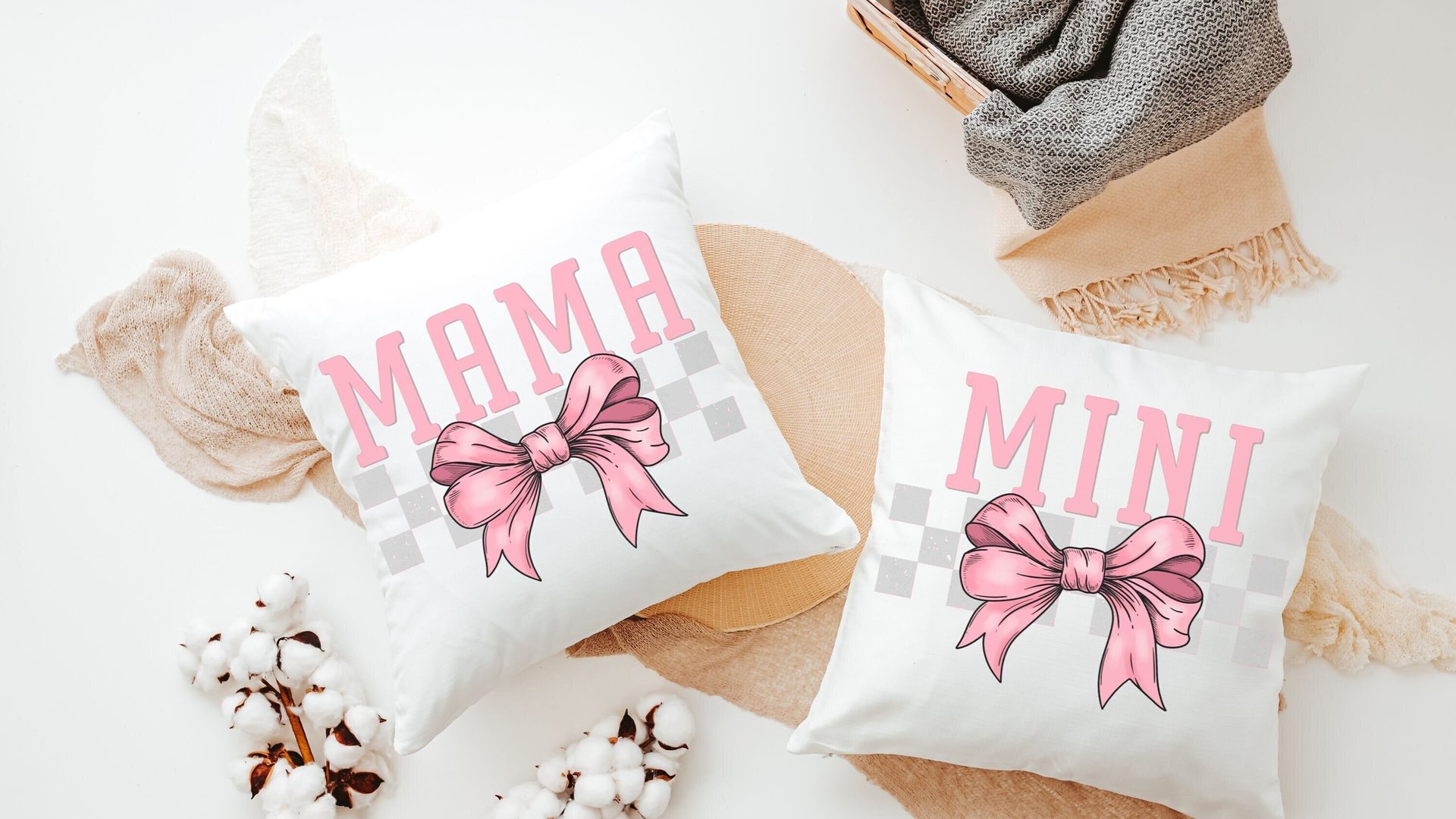 pink coquette mama and mini matching throw pillows for nursery, first Mothers day gift for wife, mommy and me accent pillows for bed, mom
