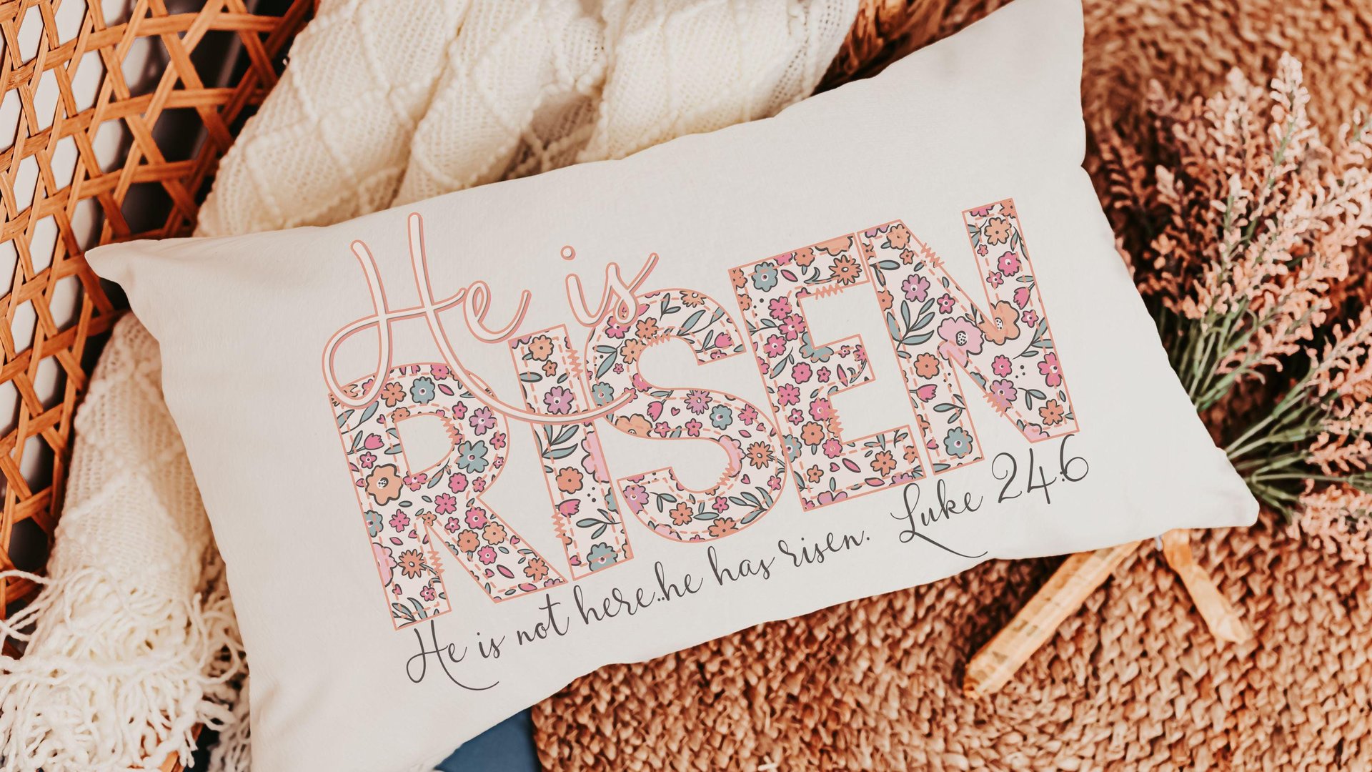 he is risen throw pillow for bed, Luke 24 6 Bible verse lumbar pillow cover 12x20, godmother gift from goddaughter, Christian gifts for best