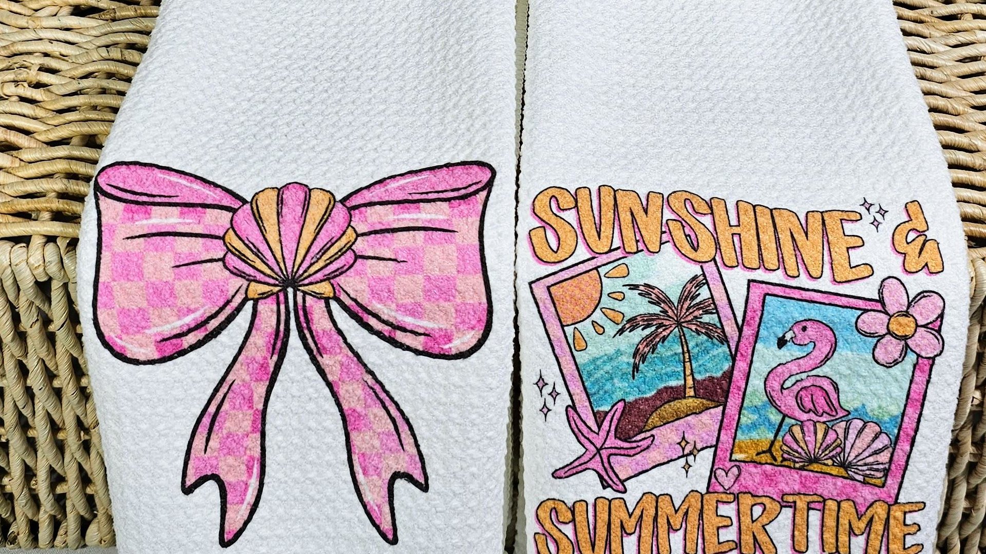 beach coquette hand towels for bathroom, beach house gifts, cute flamingo kitchen decor, pink and orange coastal seashell decor, summer