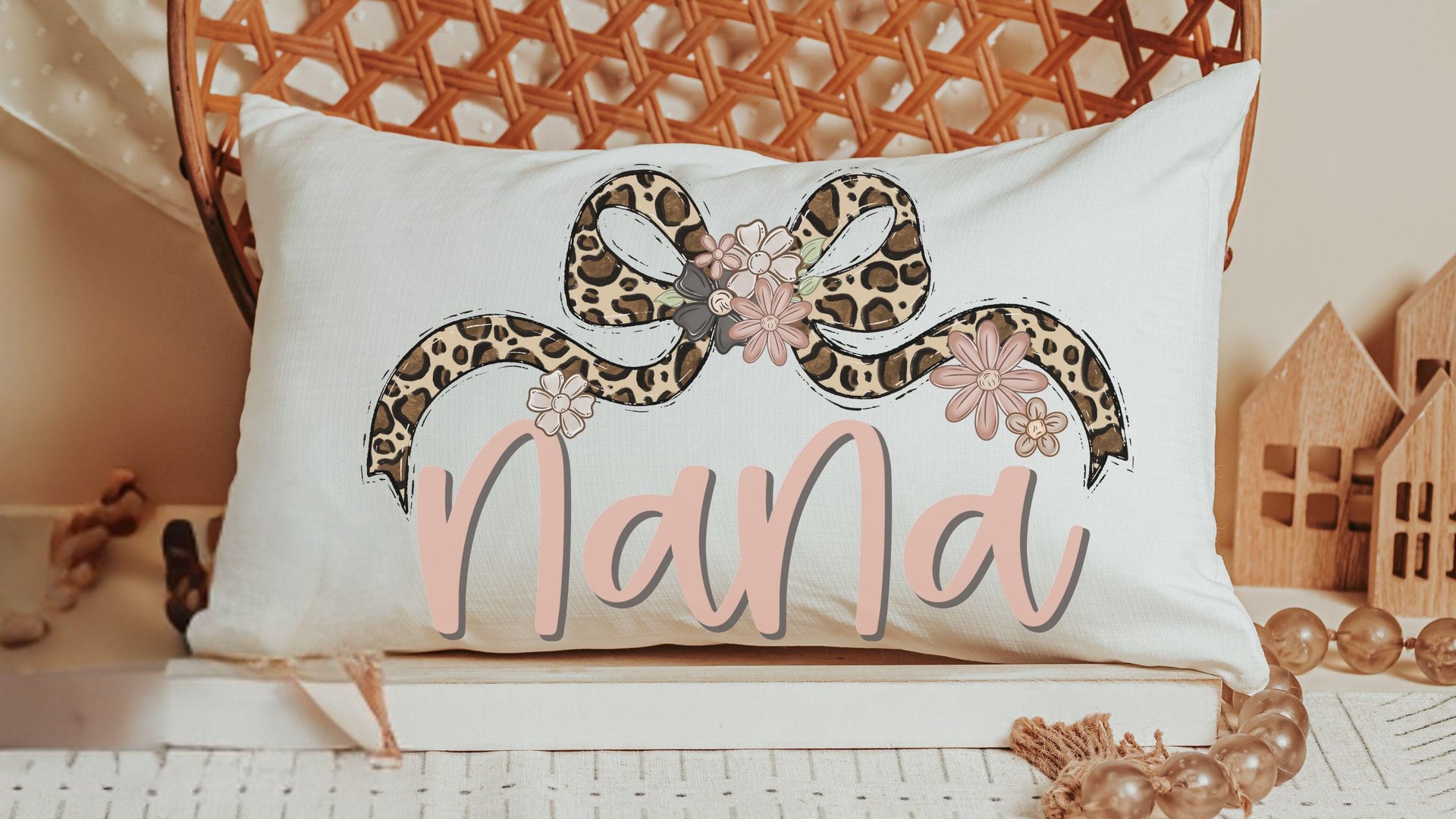 personalized blush pink grandma throw pillow for bed, leopard print bow coquette pillow cover 12 by 20, mother in law mothers day gifts