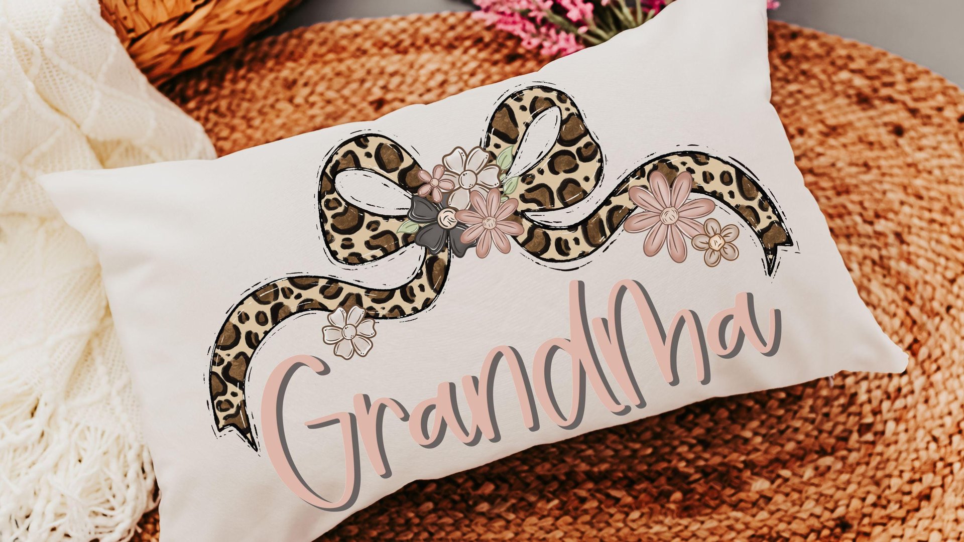 personalized blush pink grandma throw pillow for bed, leopard print bow coquette pillow cover 12 by 20, mother in law mothers day gifts