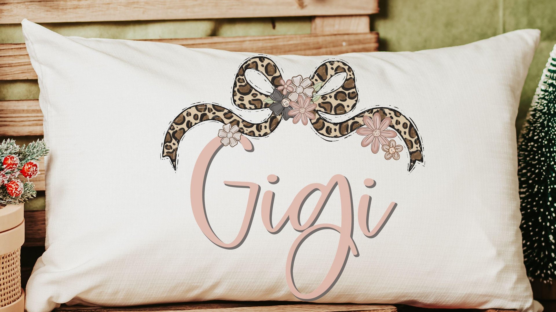 personalized blush pink grandma throw pillow for bed, leopard print bow coquette pillow cover 12 by 20, mother in law mothers day gifts