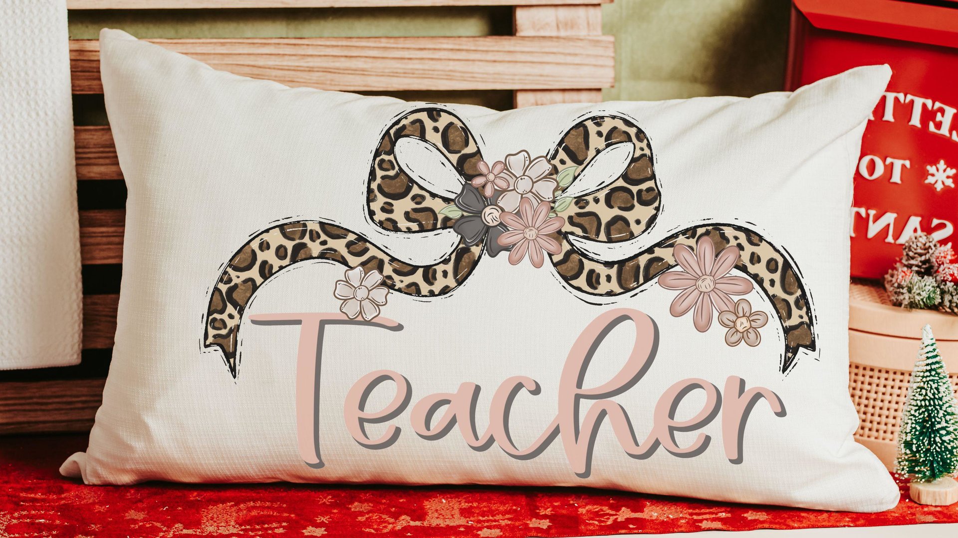 personalized blush pink teacher pillow for bed, leopard print bow throw pillow cover 12 by 20, coquette classroom decor teacher appreciation