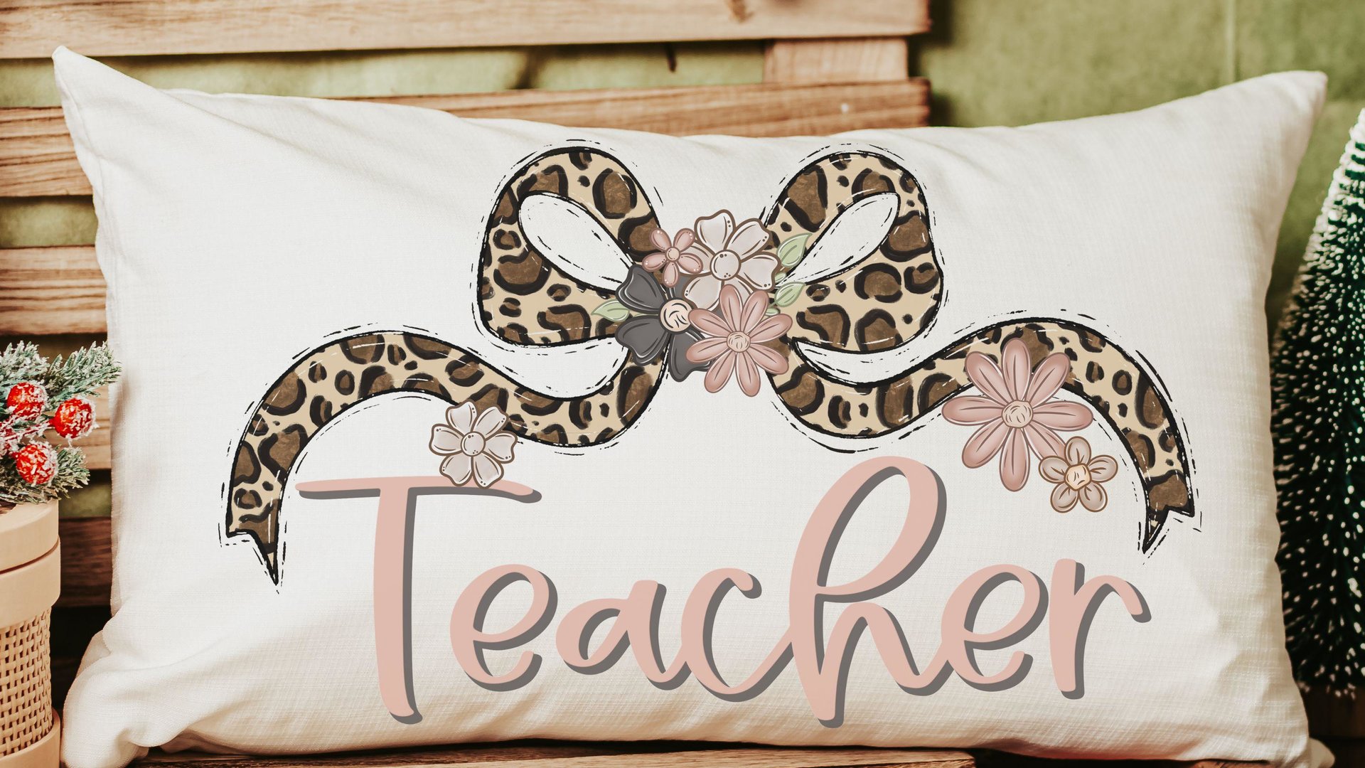 personalized blush pink teacher pillow for bed, leopard print bow throw pillow cover 12 by 20, coquette classroom decor teacher appreciation