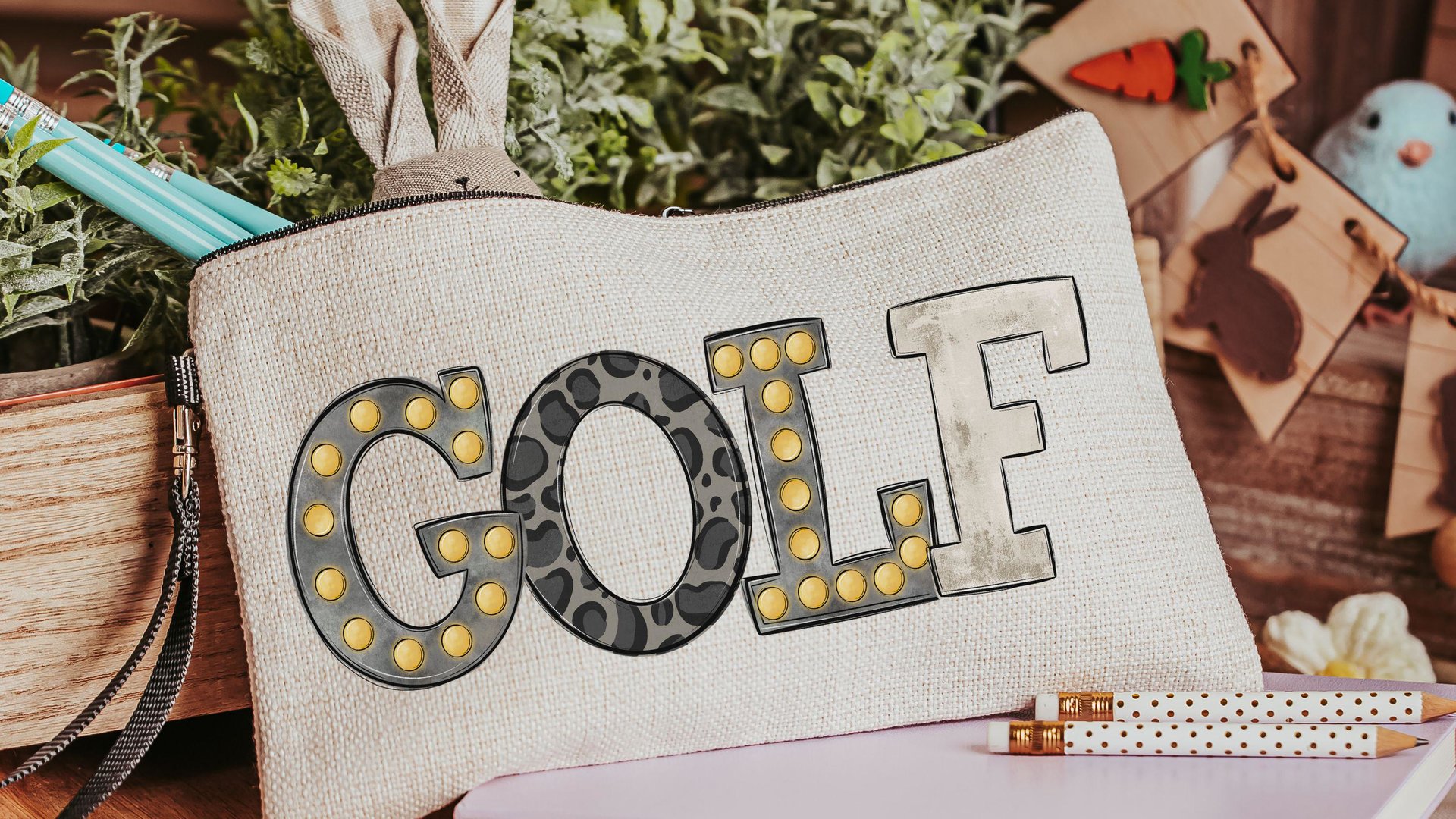black leopard print golf bag accessory holder, marquee letters golf makeup bags for purse, golf mom Mothers day gifts for golfers, cute golf