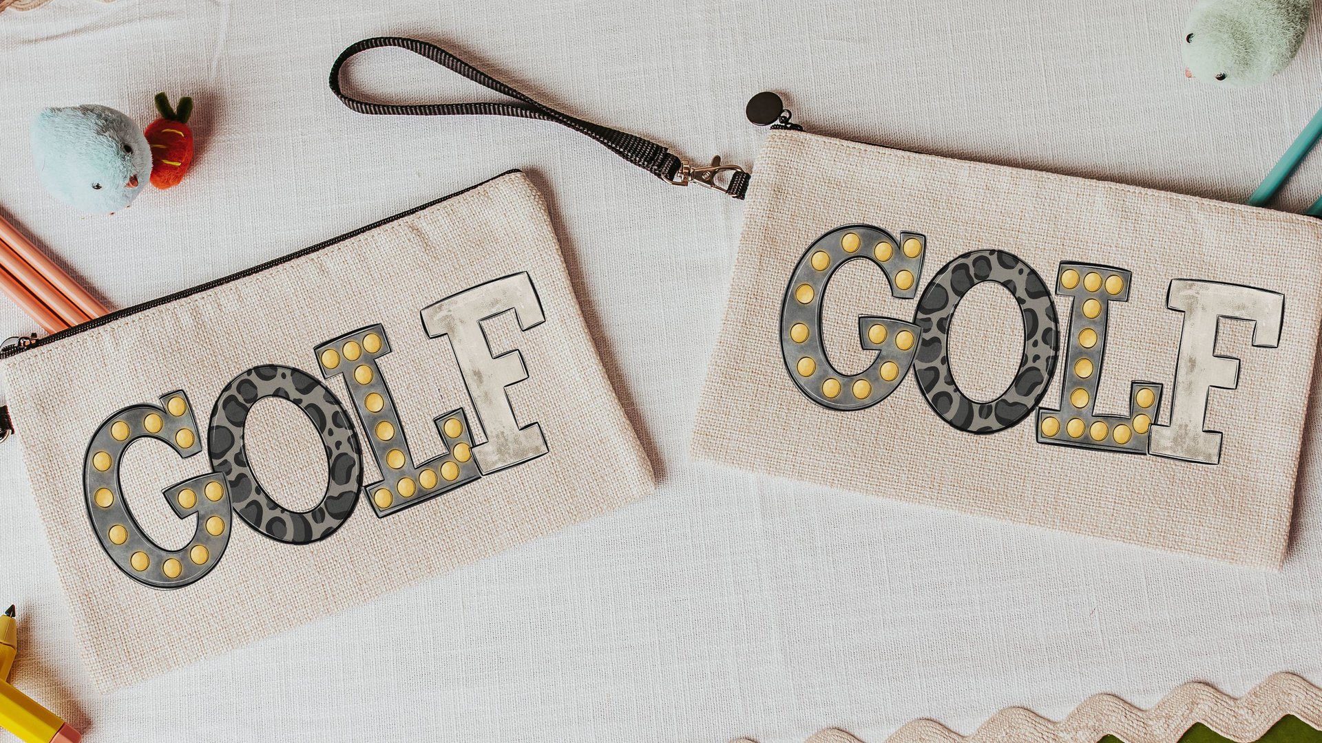 black leopard print golf bag accessory holder, marquee letters golf makeup bags for purse, golf mom Mothers day gifts for golfers, cute golf