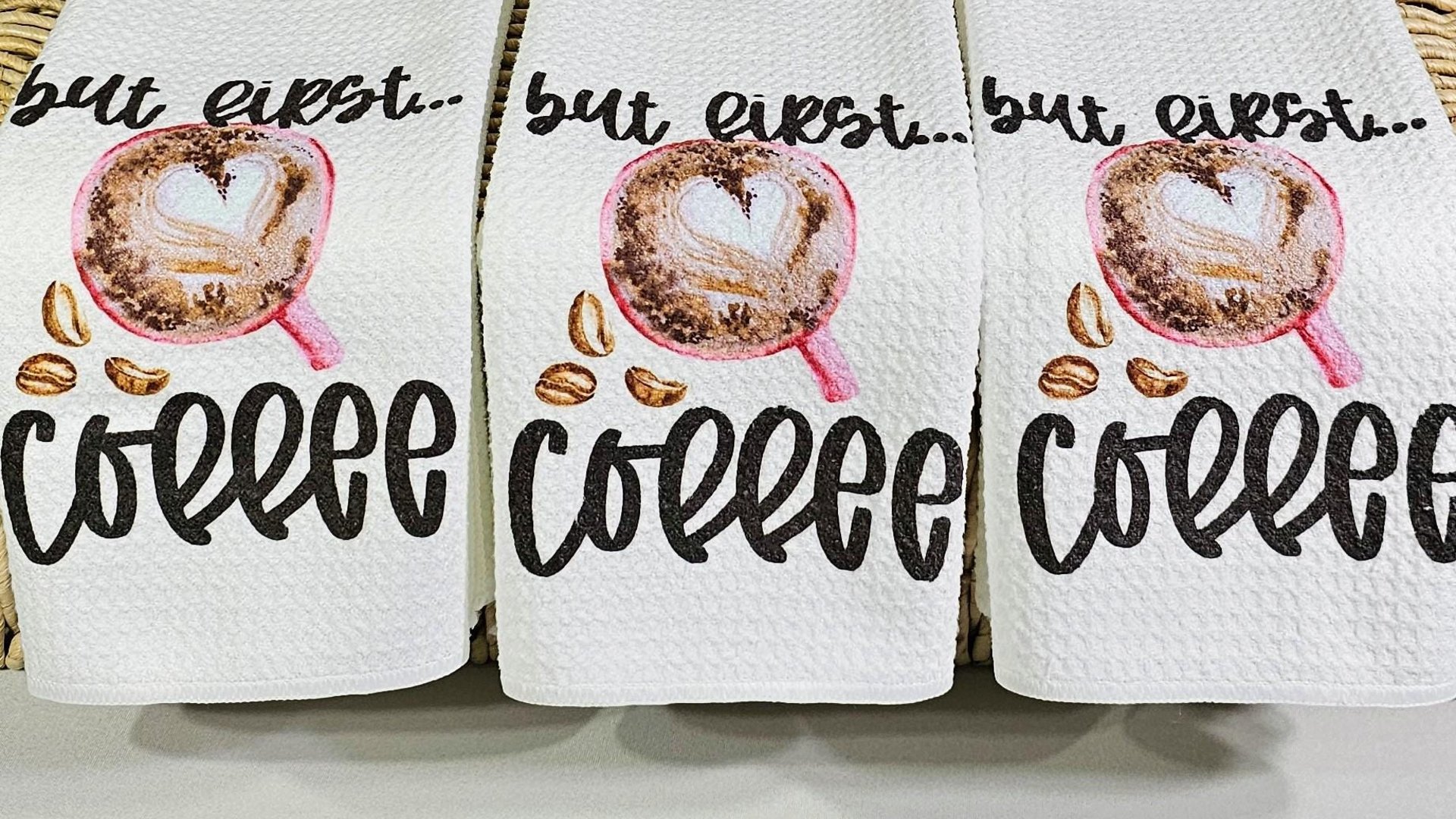 but first coffee kitchen towels for friends, coffee lover gifts for her, cute Valentines hand towels for bathroom, Galentines day gifts for