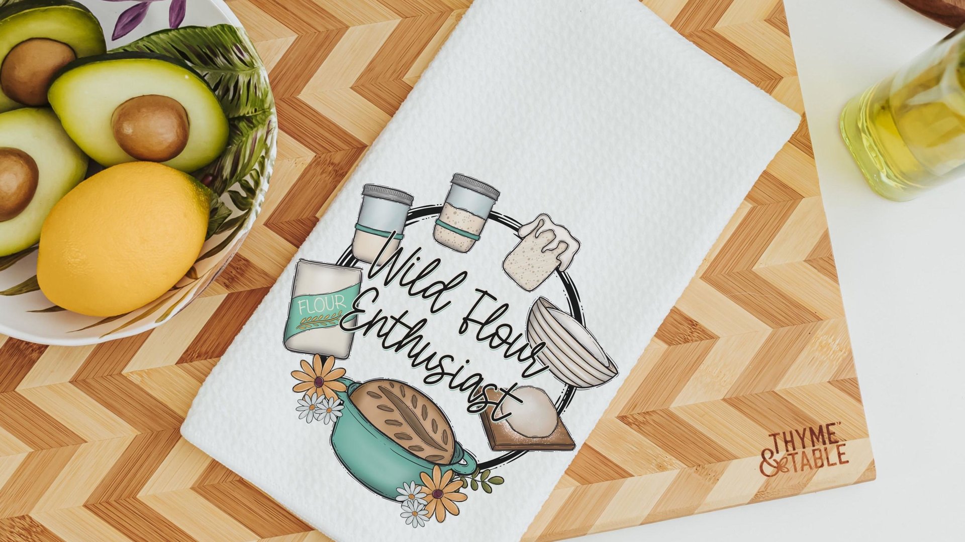wild flour enthusiast baking kitchen towels for bridal shower, cottage bakery bread baker merch, sourdough mama sourdough kitchen decor
