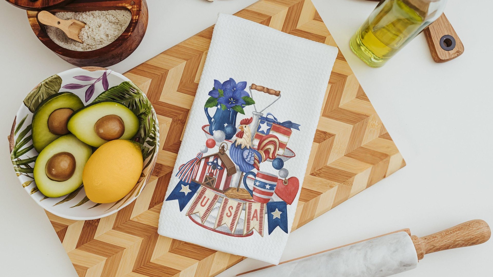 prim Americana kitchen towels, 4th of July kitchen decor, patriotic gifts for women, red white and blue primitive USA hand towel for kitchen