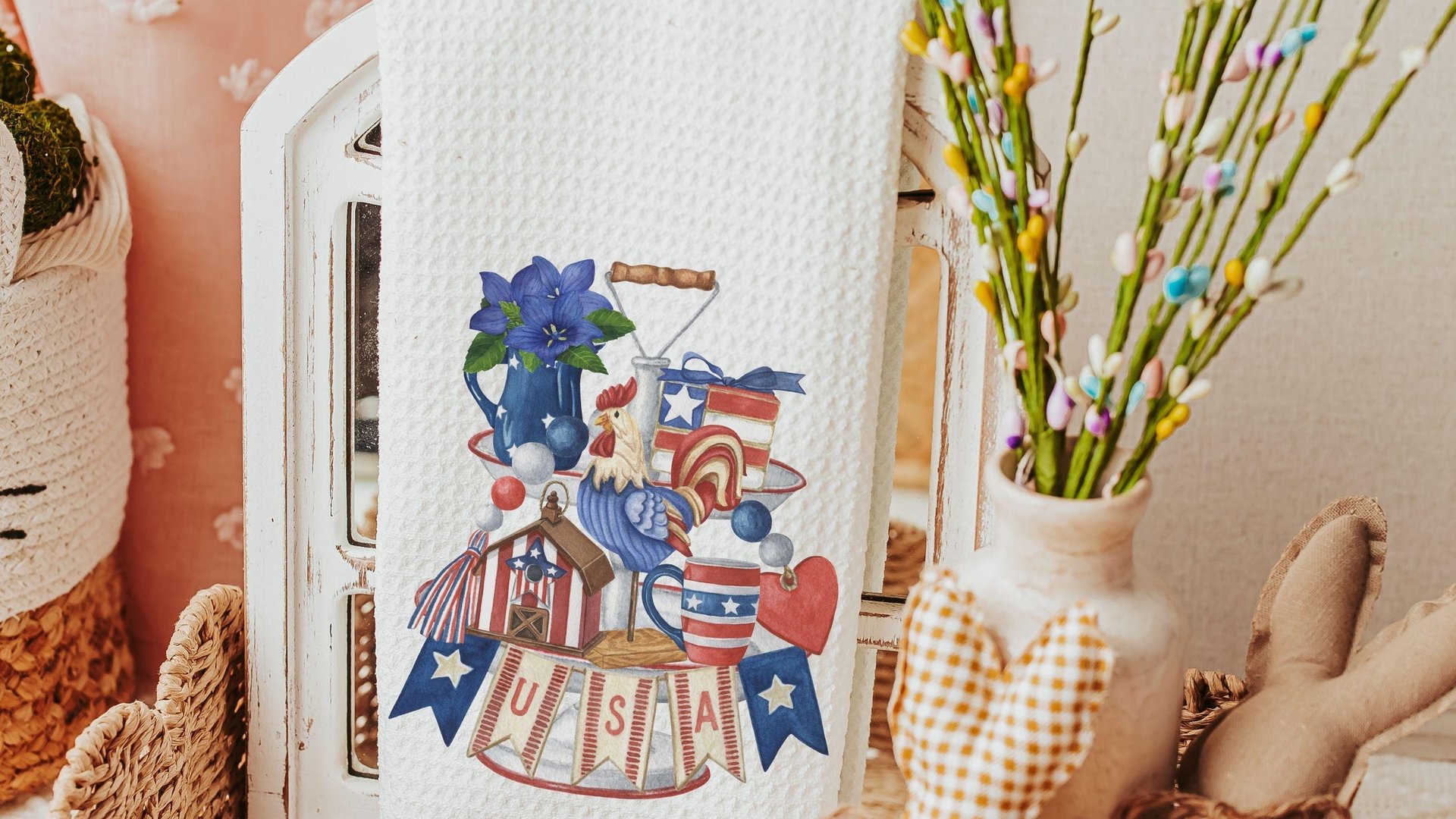 prim Americana kitchen towels, 4th of July kitchen decor, patriotic gifts for women, red white and blue primitive USA hand towel for kitchen