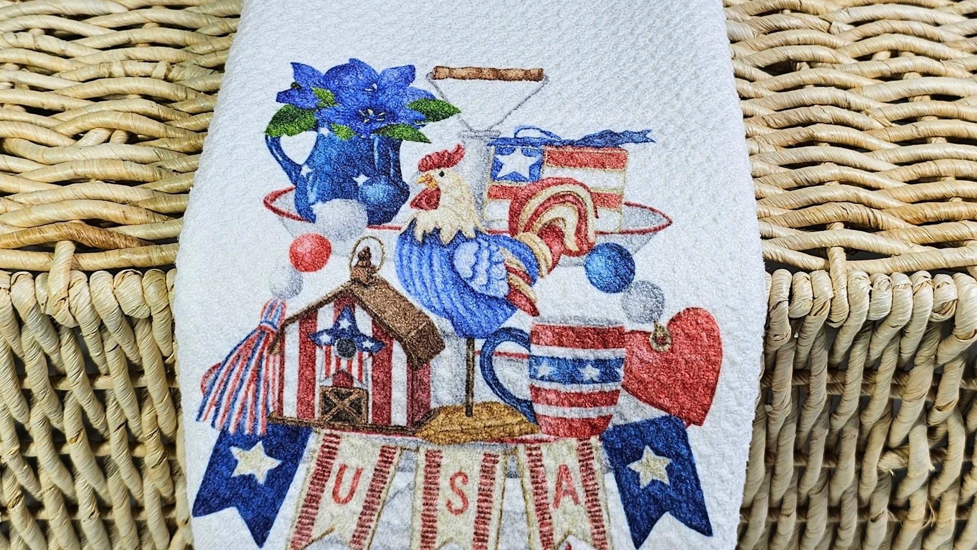 prim Americana kitchen towels, 4th of July kitchen decor, patriotic gifts for women, red white and blue primitive USA hand towel for kitchen