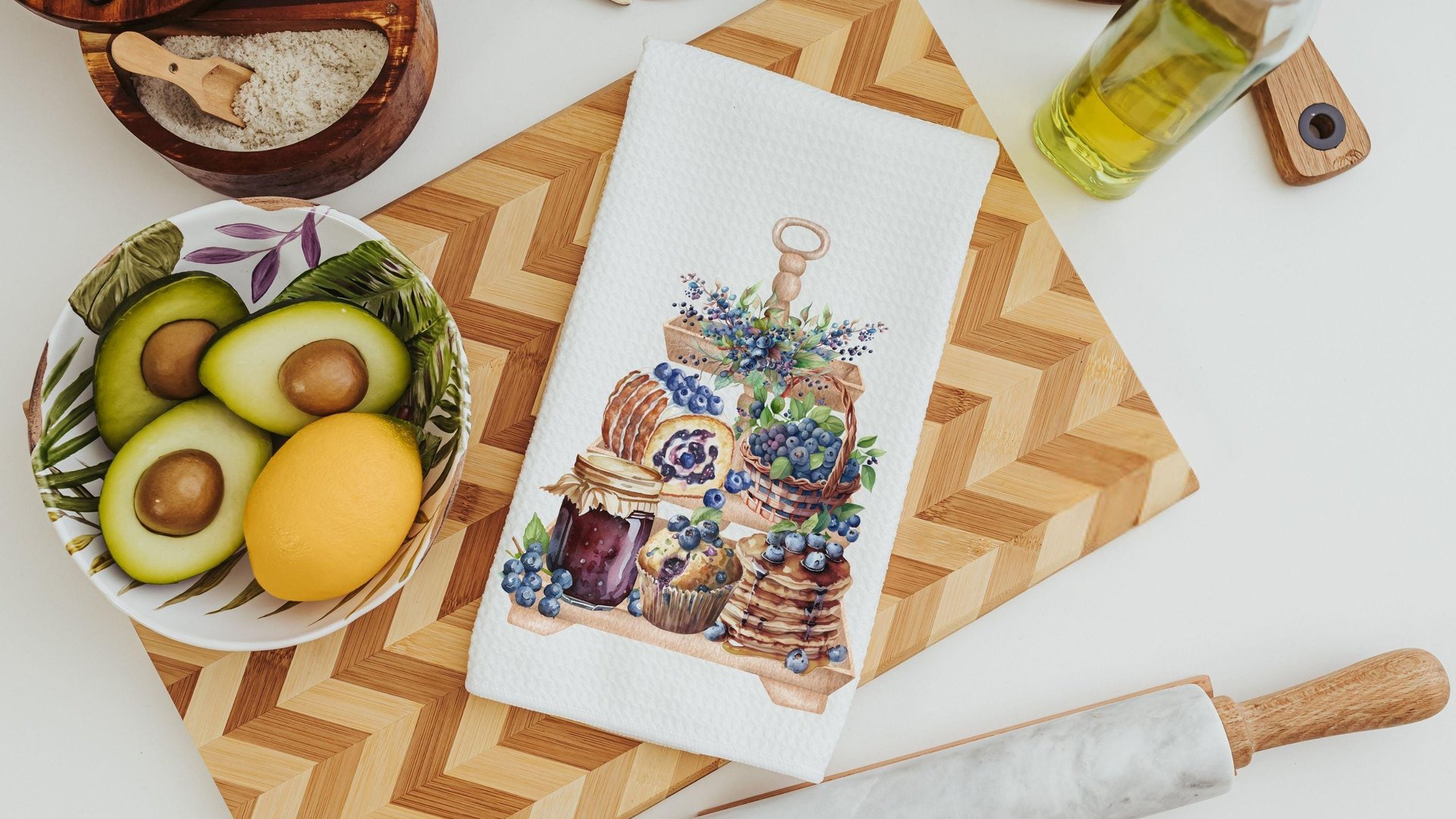 blueberry kitchen towels for Mom, summer kitchen tea towels for friends, cottage kitchen decor, Maine blueberries towel, guest bathroom hand