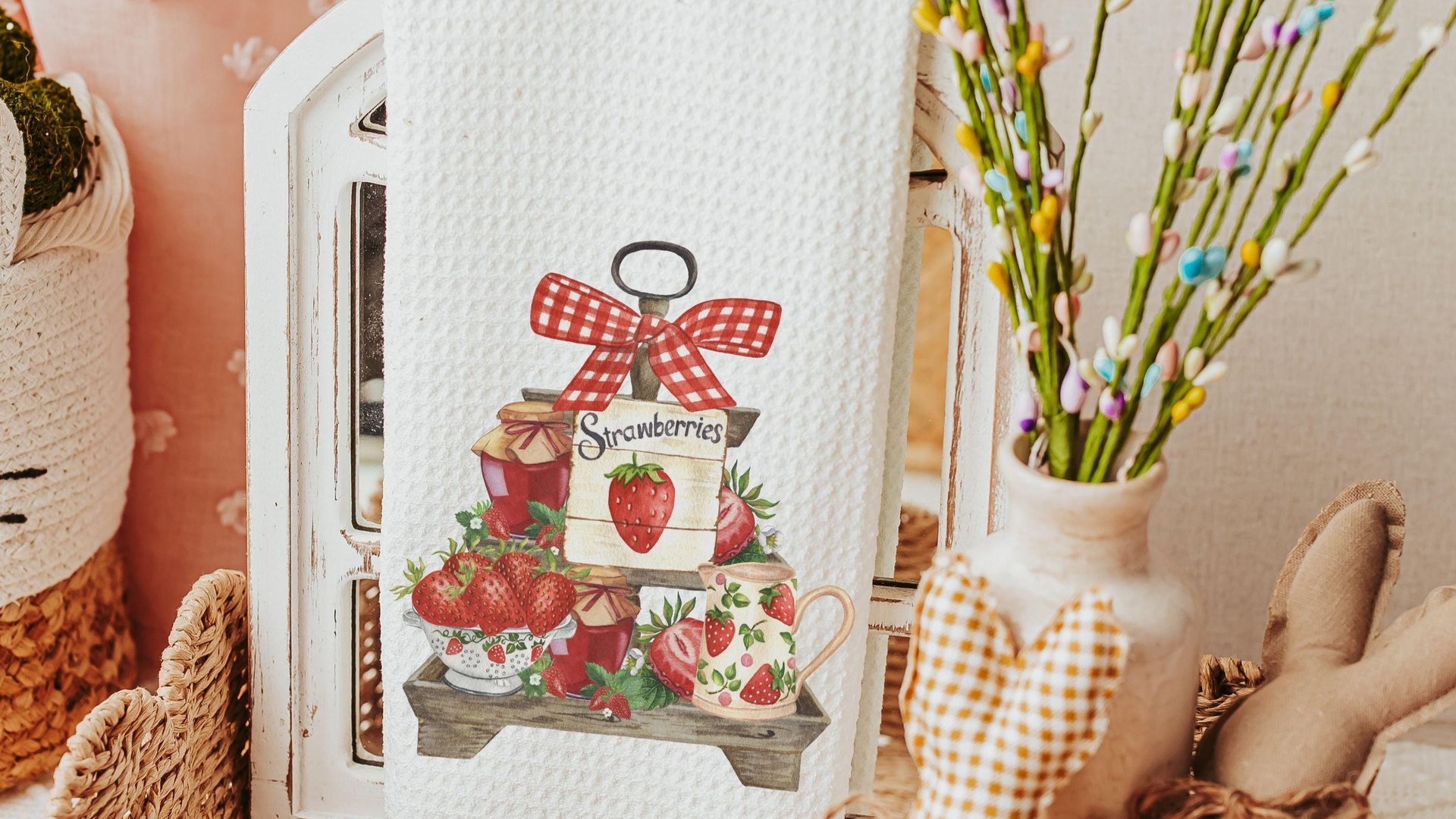 summer kitchen towel for Mom, strawberry kitchen accessories, cottage kitchen decor, farmhouse hand towels for bathroom, guest