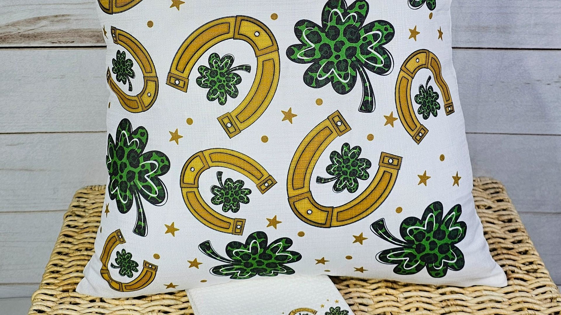 lucky charm gold horseshoe St Patricks day throw pillows for day bed, leopard print green shamrock St Pattys day decorative pillows for sofa