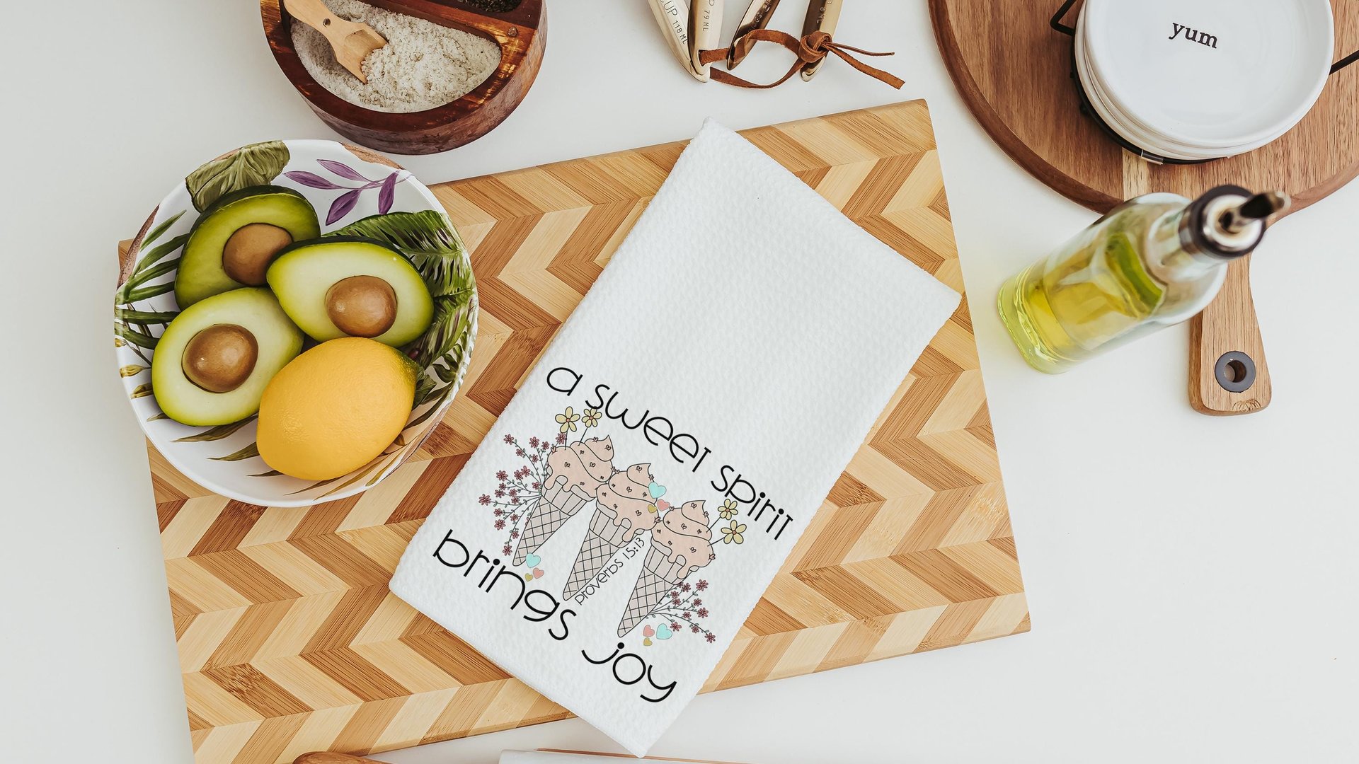 a sweet spirit brings joy ice cream kitchen towel, Christian gifts for best friends, faith based housewarming gifts for her, bathroom hand