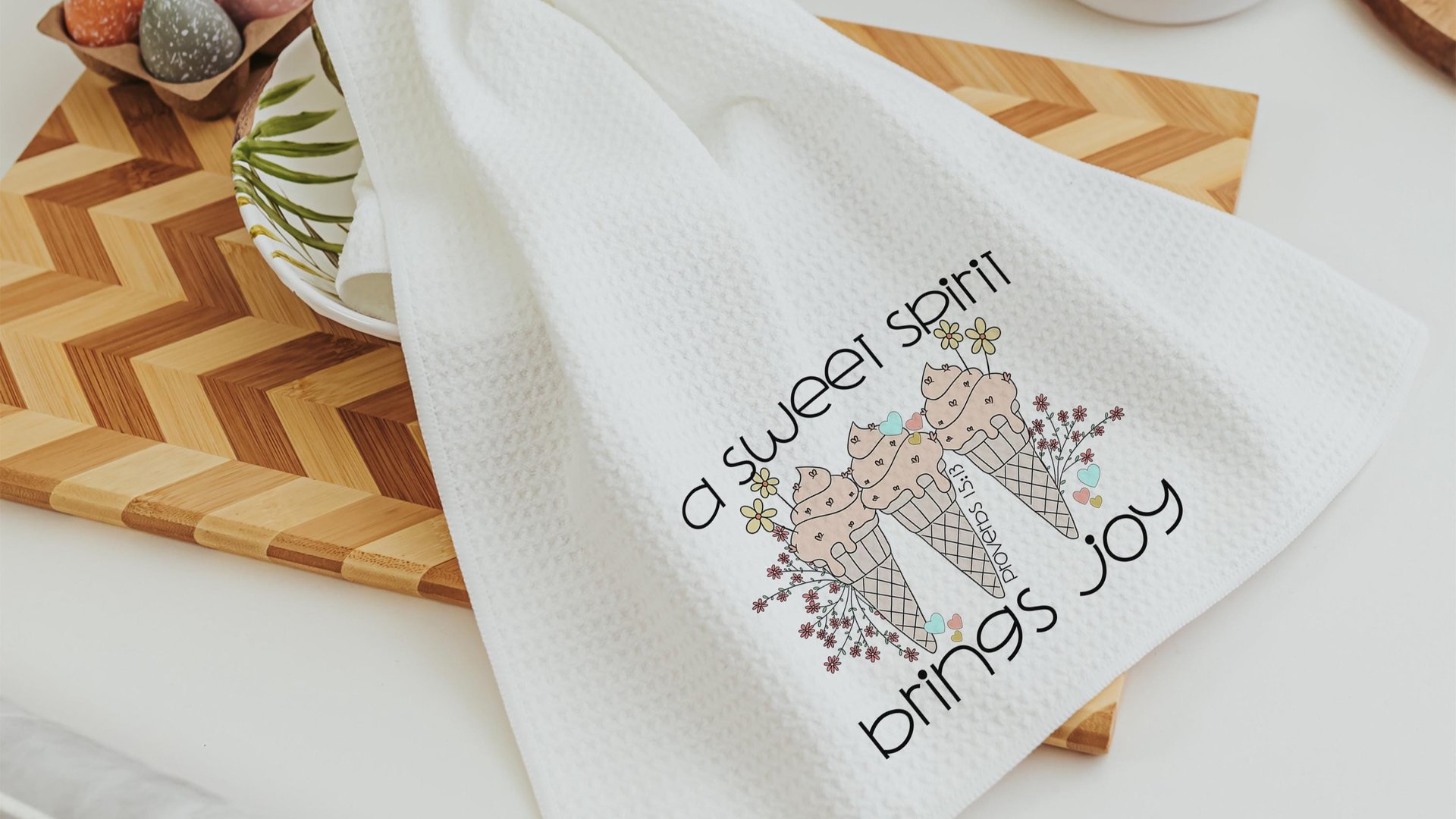 a sweet spirit brings joy ice cream kitchen towel, Christian gifts for best friends, faith based housewarming gifts for her, bathroom hand