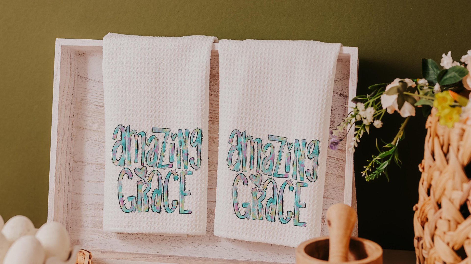 amazing grace watercolor kitchen towels, Christian gifts for daughter, faith based housewarming gifts for best friends, powder room decor