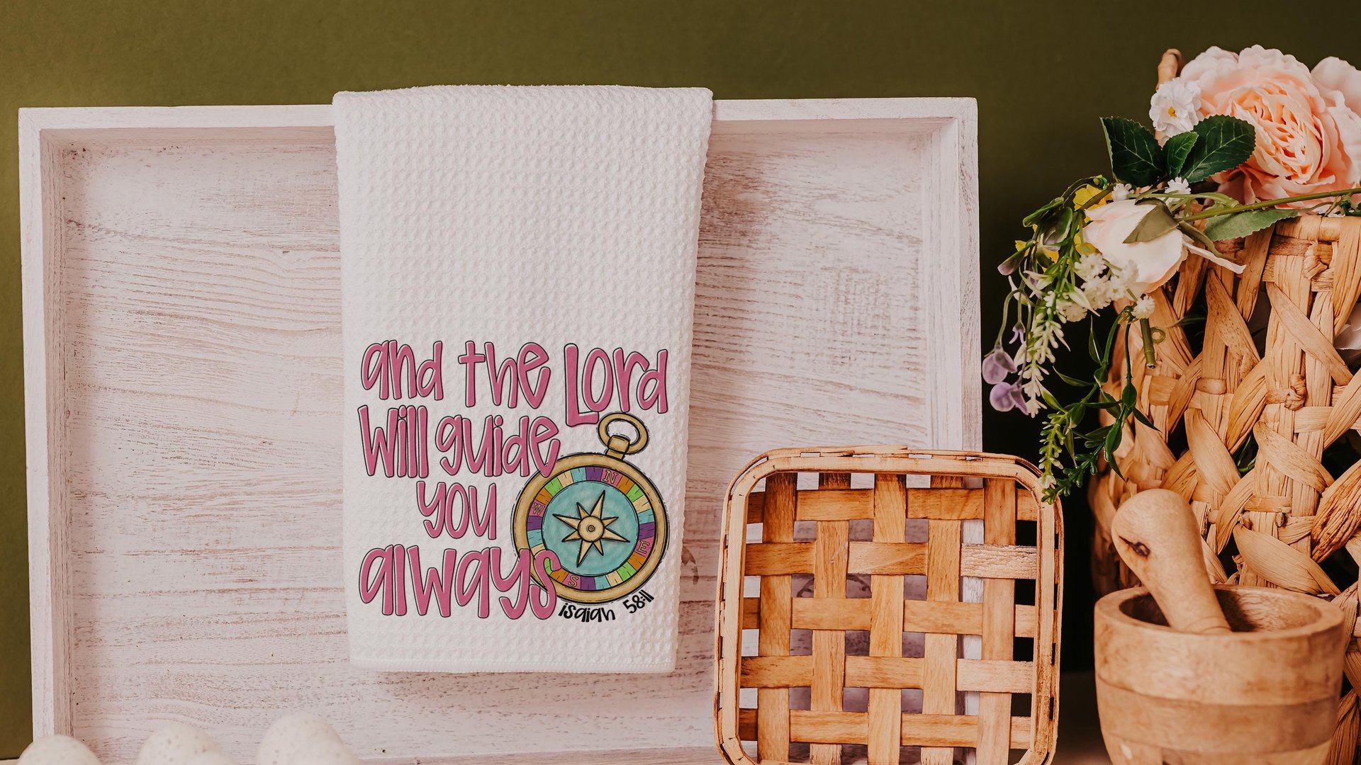 the Lord will guide you Isaiah 58:11 scripture kitchen towels, faith gifts for home, Bible verse Christian gifts for women sisters in Christ