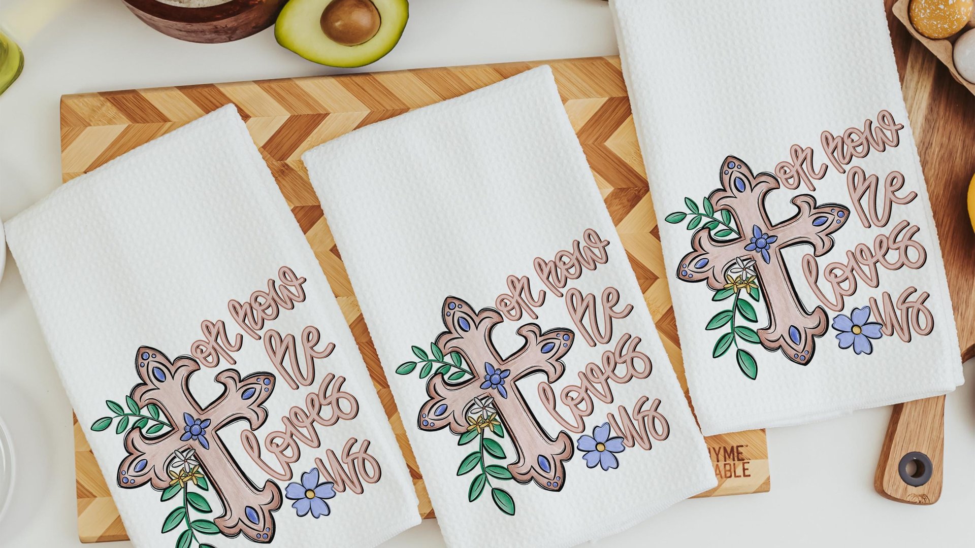 oh how he loves us Christian kitchen towels wedding gifts for godchild, faith gift for her, floral hand towels for bathroom, prayer warrior