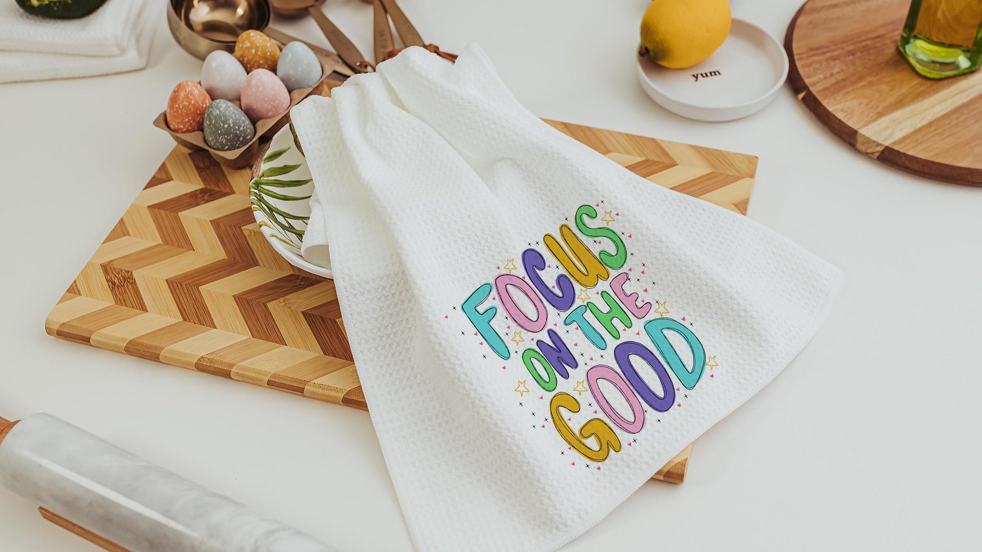 focus on the good positive affirmation kitchen towels for sisters, inspirational gifts for women, college apartment decor, mental health