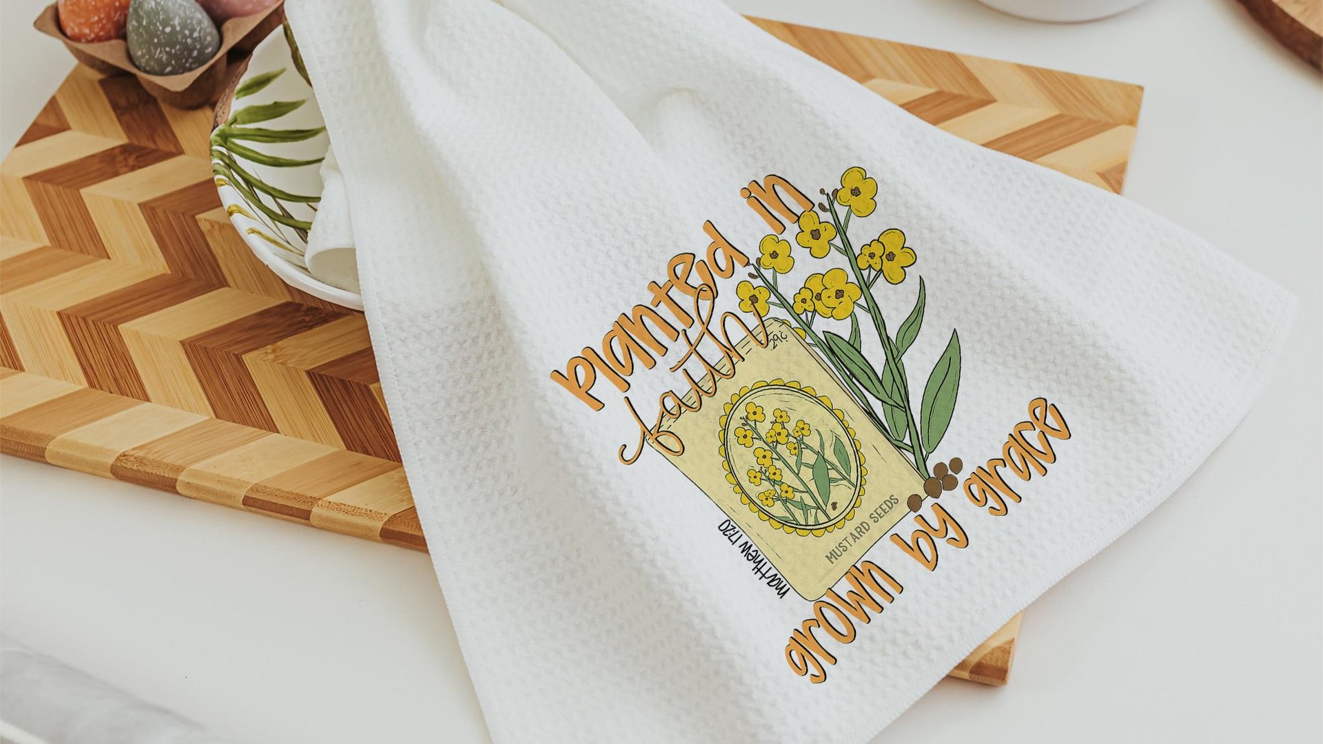 planted in faith grown in grace Christian kitchen towels, adult baptism gift for women, faith kitchen decor, Matthew 17:20 Bible verse gifts