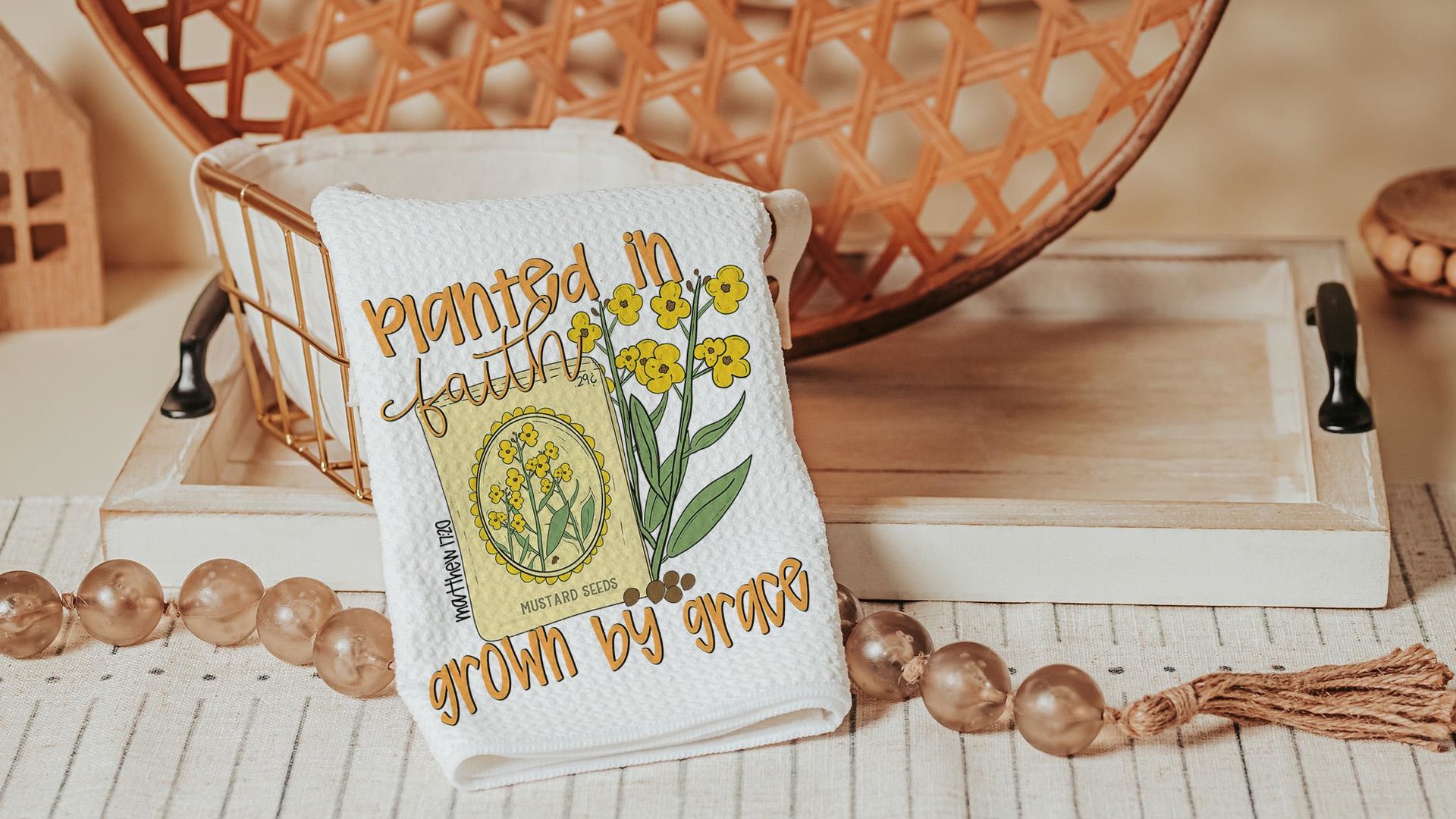 planted in faith grown in grace Christian kitchen towels, adult baptism gift for women, faith kitchen decor, Matthew 17:20 Bible verse gifts