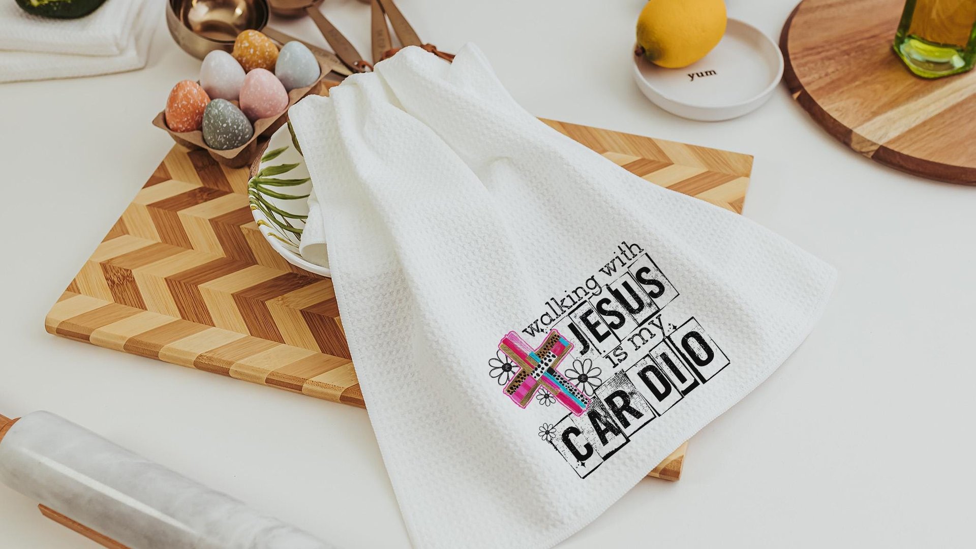 Walking with Jesus is my cardio kitchen towels for bridal shower, Christian kitchen finds, faith gifts for her, kitchen decor