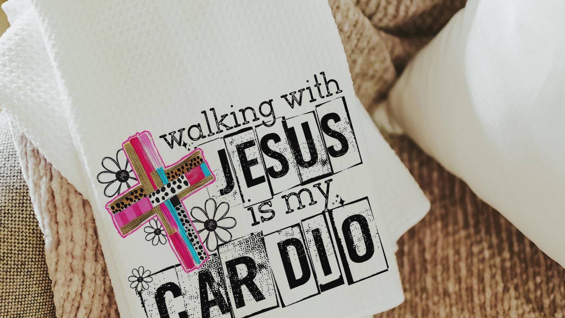 Walking with Jesus is my cardio kitchen towels for bridal shower, Christian kitchen finds, faith gifts for her, kitchen decor