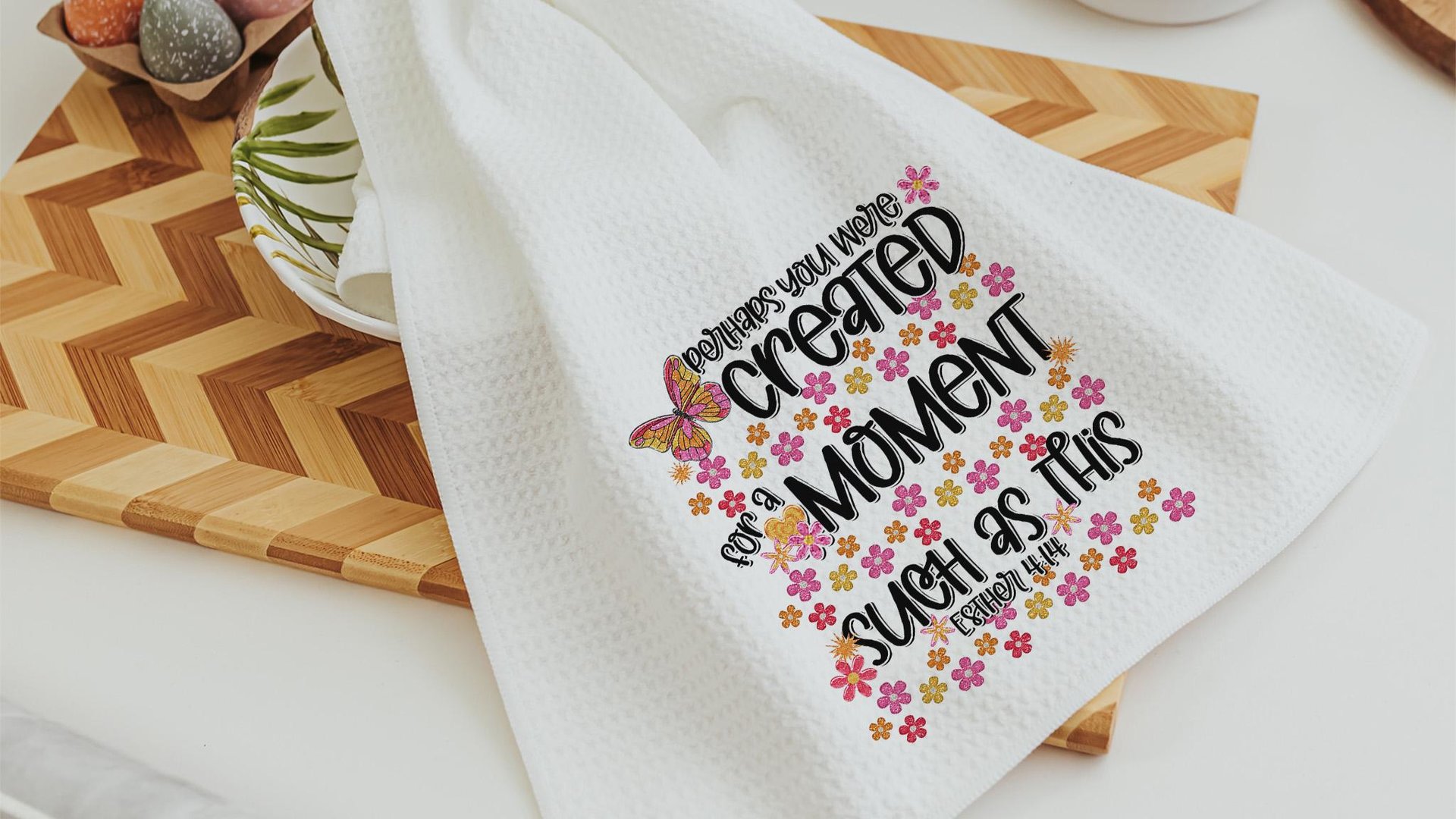 perhaps you were created for Esther 4 14 kitchen towels for bridal shower, Christian kitchen finds, faith gift for her, floral kitchen decor