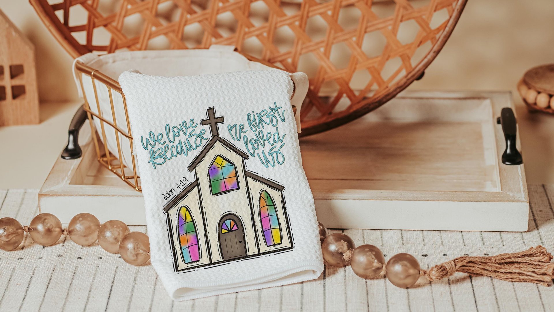 John 4 19 Christian kitchen towels wedding gifts for couple, faith gift for her, we love because he first loved us Bible verse hand towels