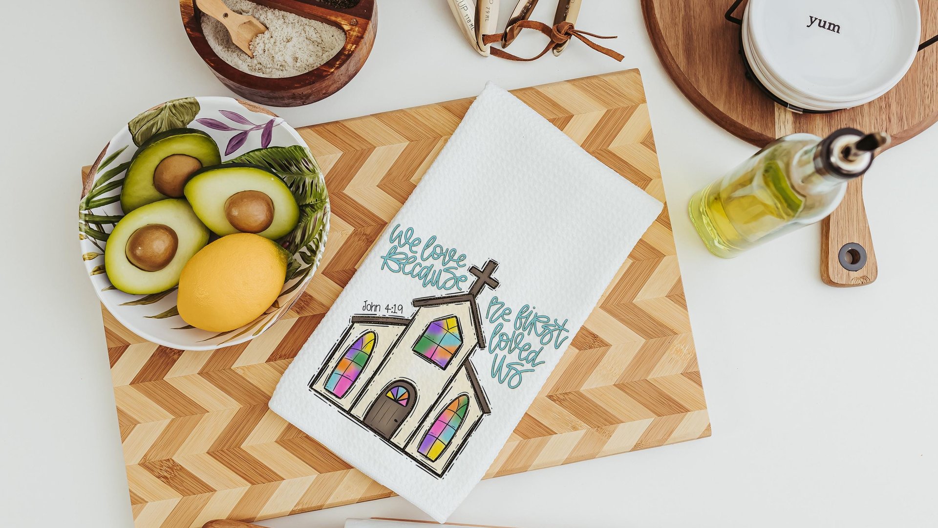 John 4 19 Christian kitchen towels wedding gifts for couple, faith gift for her, we love because he first loved us Bible verse hand towels