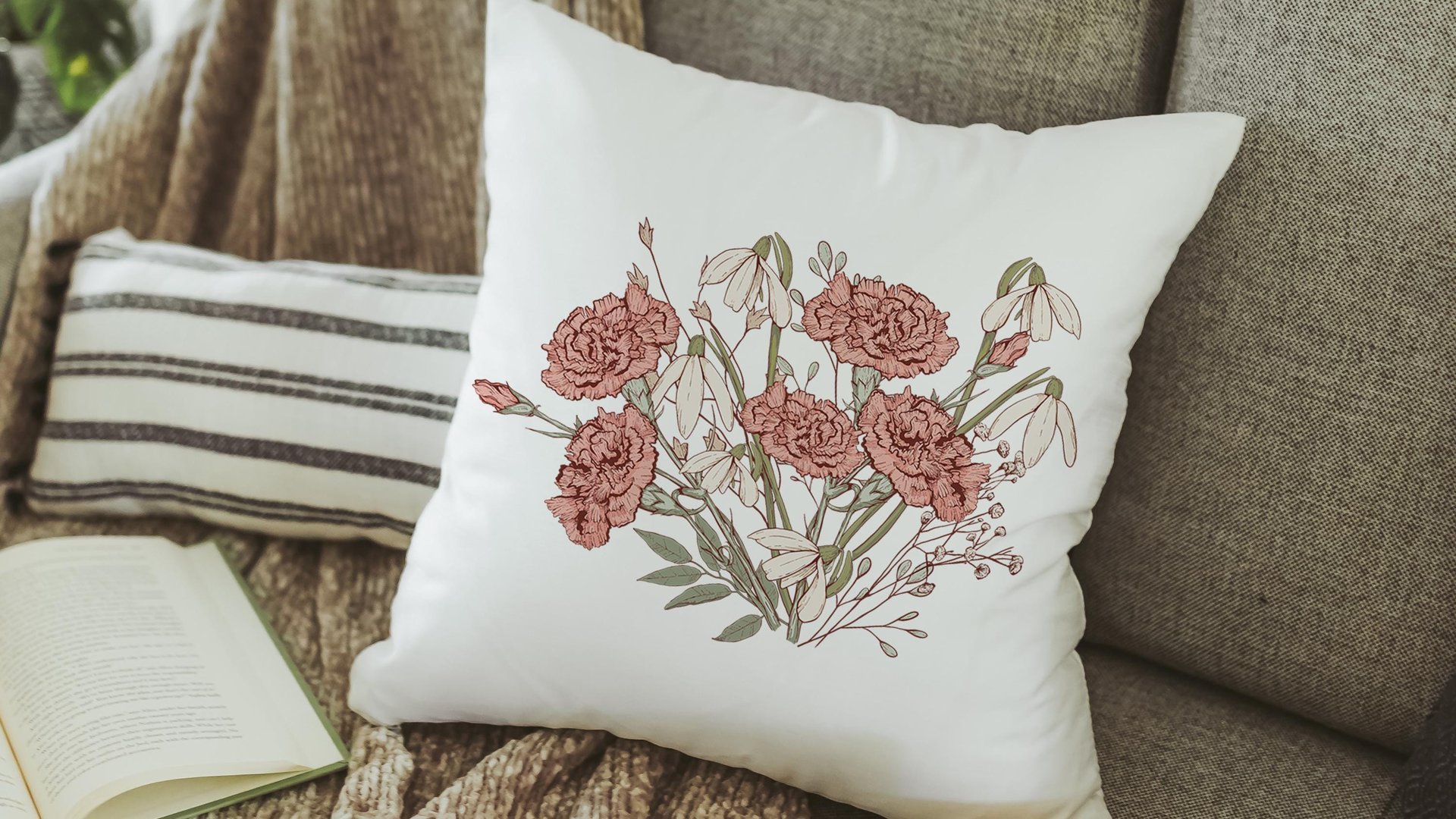 carnation flower throw pillow for couch, January birthday kitchen towels for Mom, snowdrop flower January birth flower gifts for friends