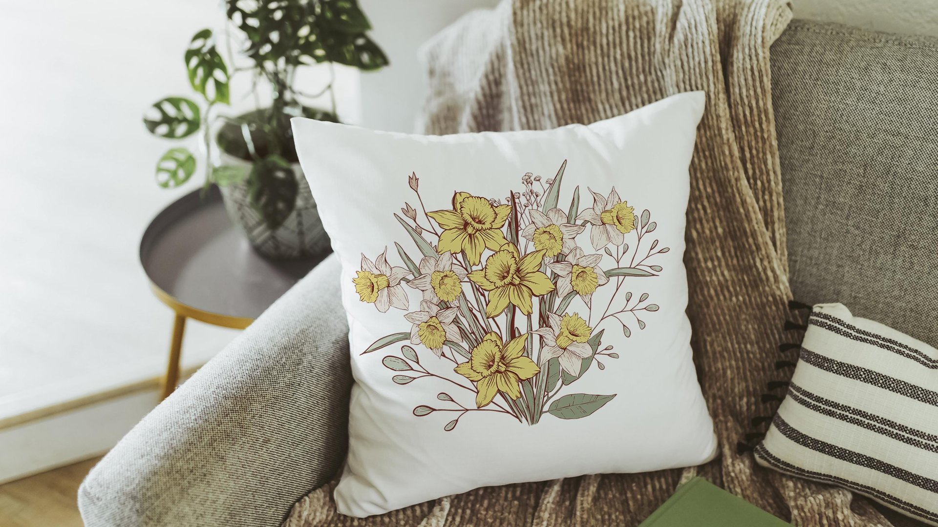daffodil flower throw pillows for couch floral decorative pillows for bed, March birth flower gifts for mom, March kitchen towels for gifts
