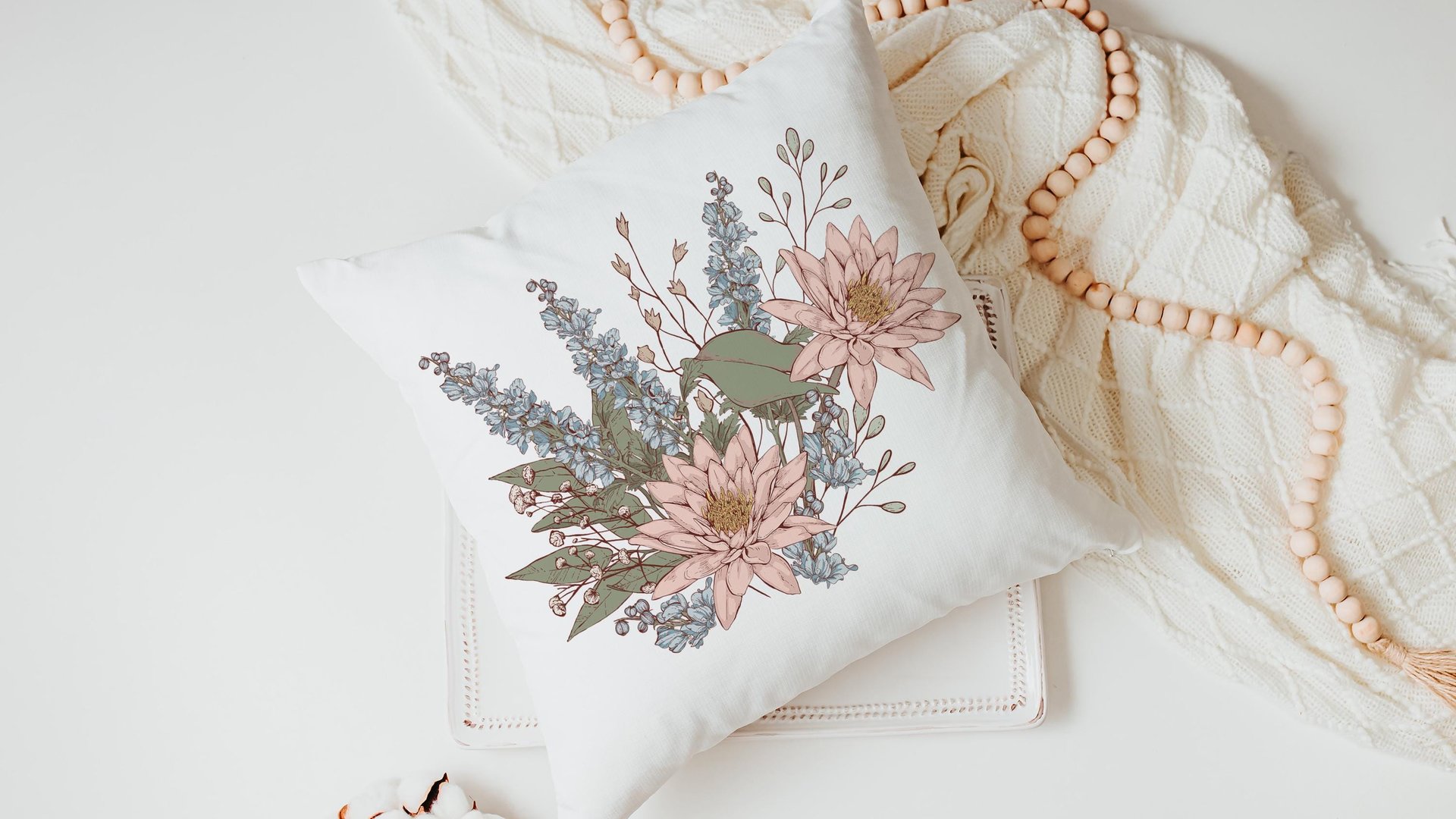 water lily & larkspur flower throw pillow for bed, July kitchen towels, July birth month flower gift for Mom, July birthday gifts for her