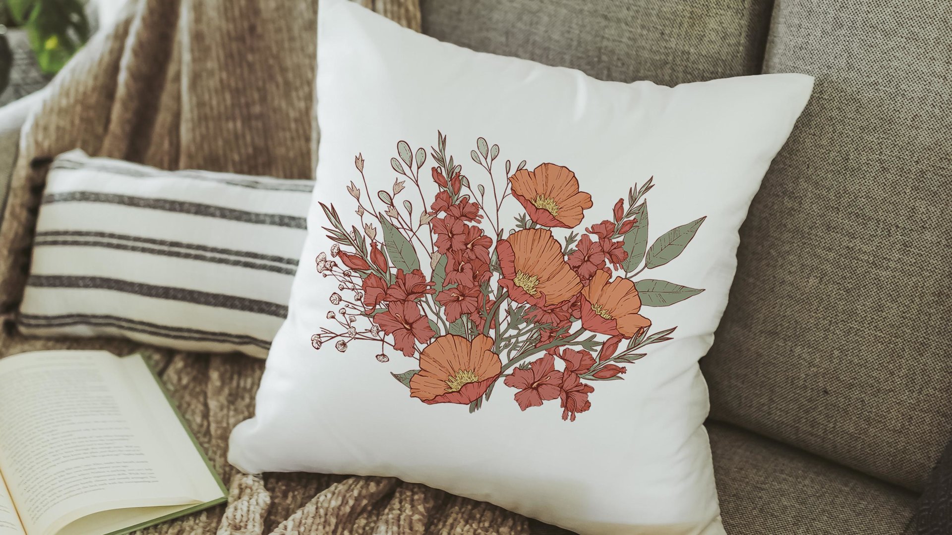 red poppy & gladiolus flower throw pillow for bed, August birthday kitchen towels, August birth month flower gifts for her, best friend