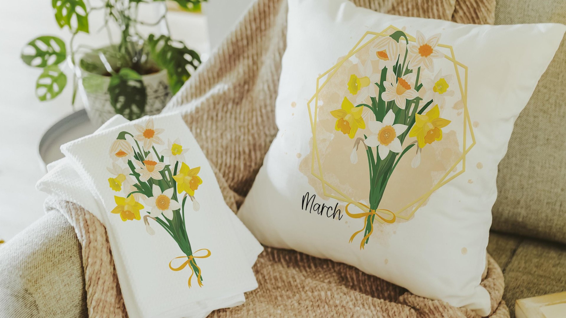 daffodil flower throw pillow for sofa, March birth flower gift for Mom, narcissus flower kitchen towels, March birthday gifts for women