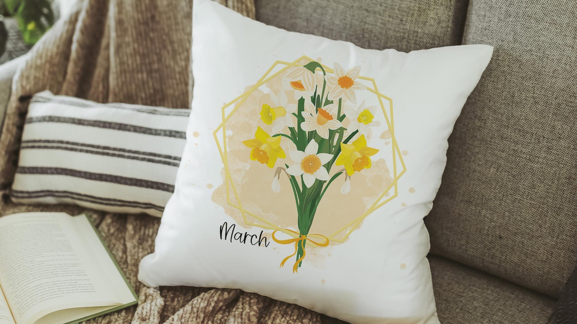 custom birth flower throw pillow for sofa, daffodil kitchen towel, March birthday gifts for women, plant mom gift, cottagecore room decor