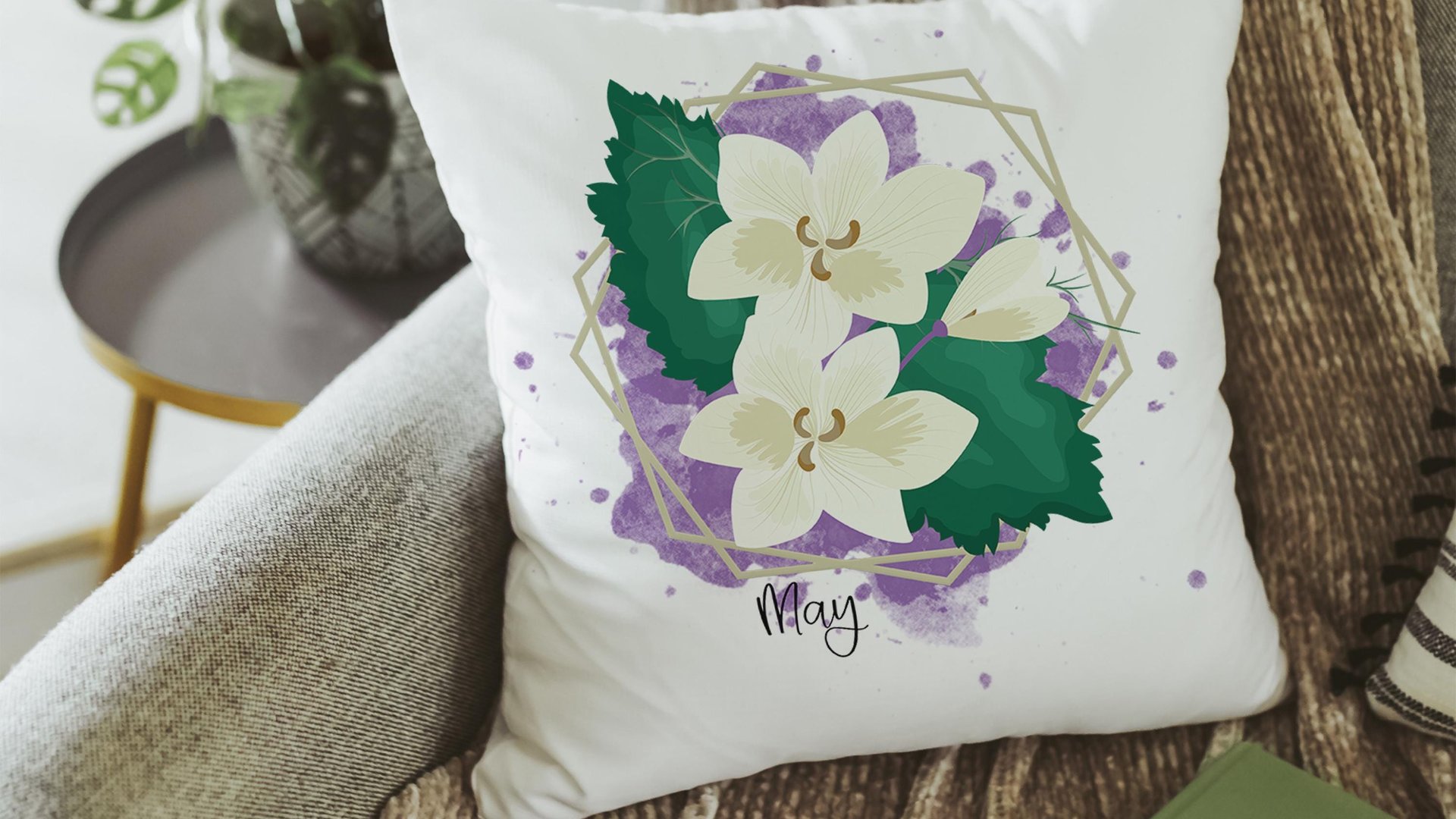 custom May birth flower throw pillow for sofa, Lily of the Valley kitchen towel, May birthday gifts for her, botanical throw pillow covers