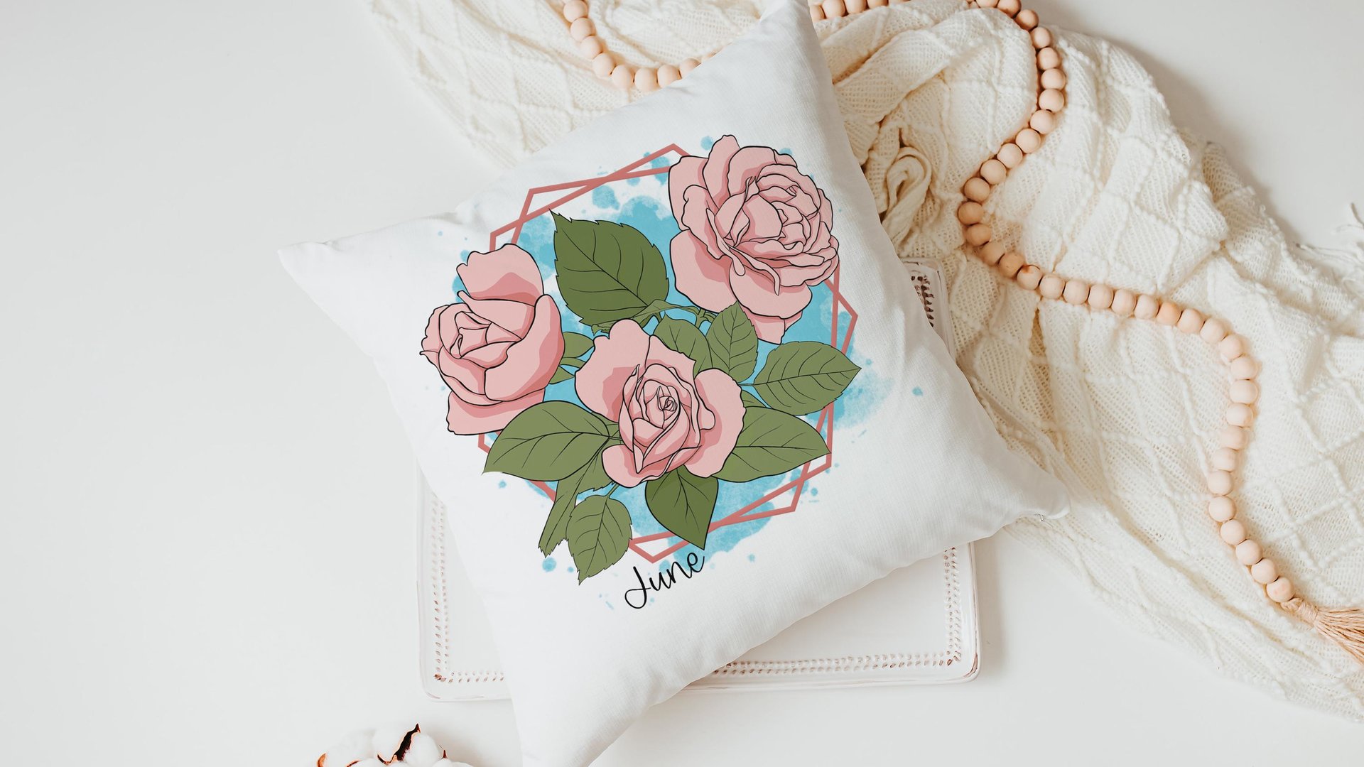 custom June birth flower throw pillow for sofa, rose kitchen towel, June birthday gifts for her, botanical throw pillow covers 18 x 18, best