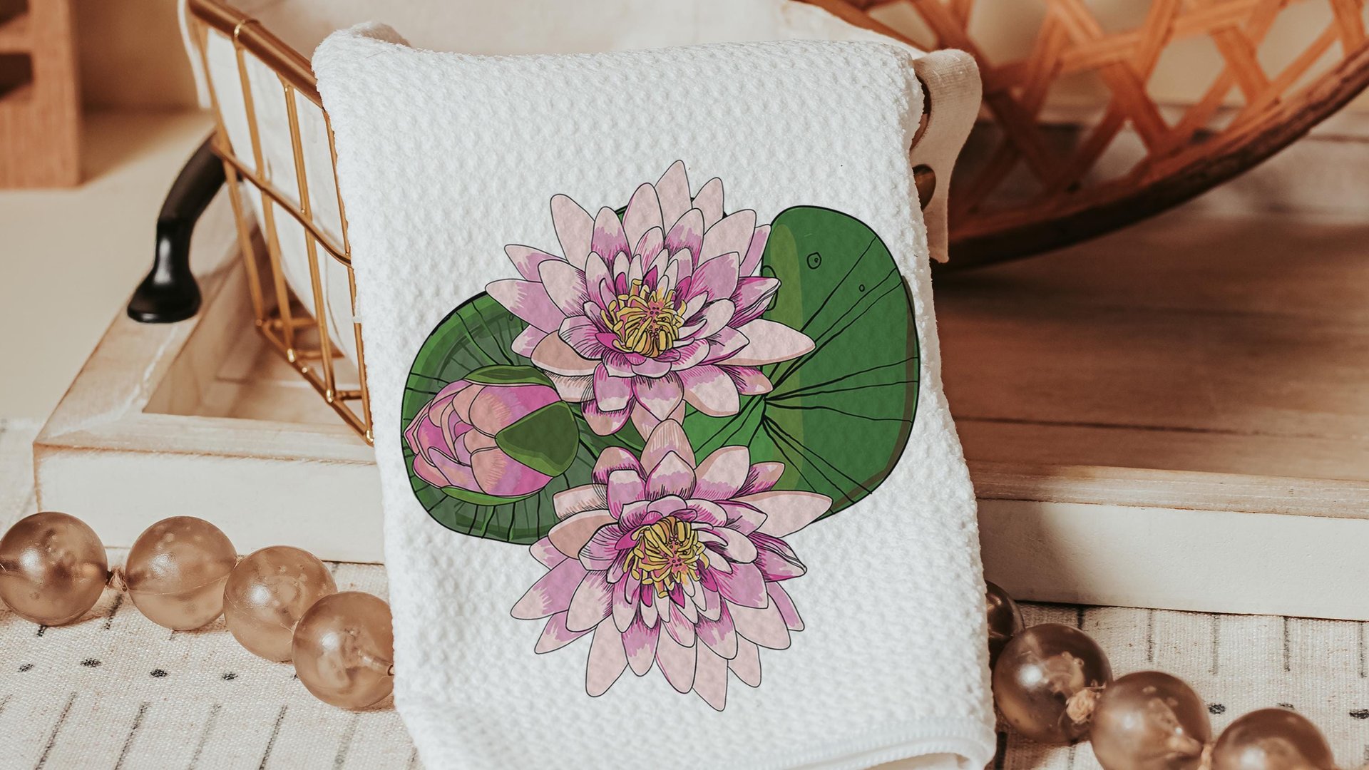 July birth flower throw pillow for bed, larkspur kitchen towels, water lily birth month flower decor, July birthday gifts for her, Leo gifts