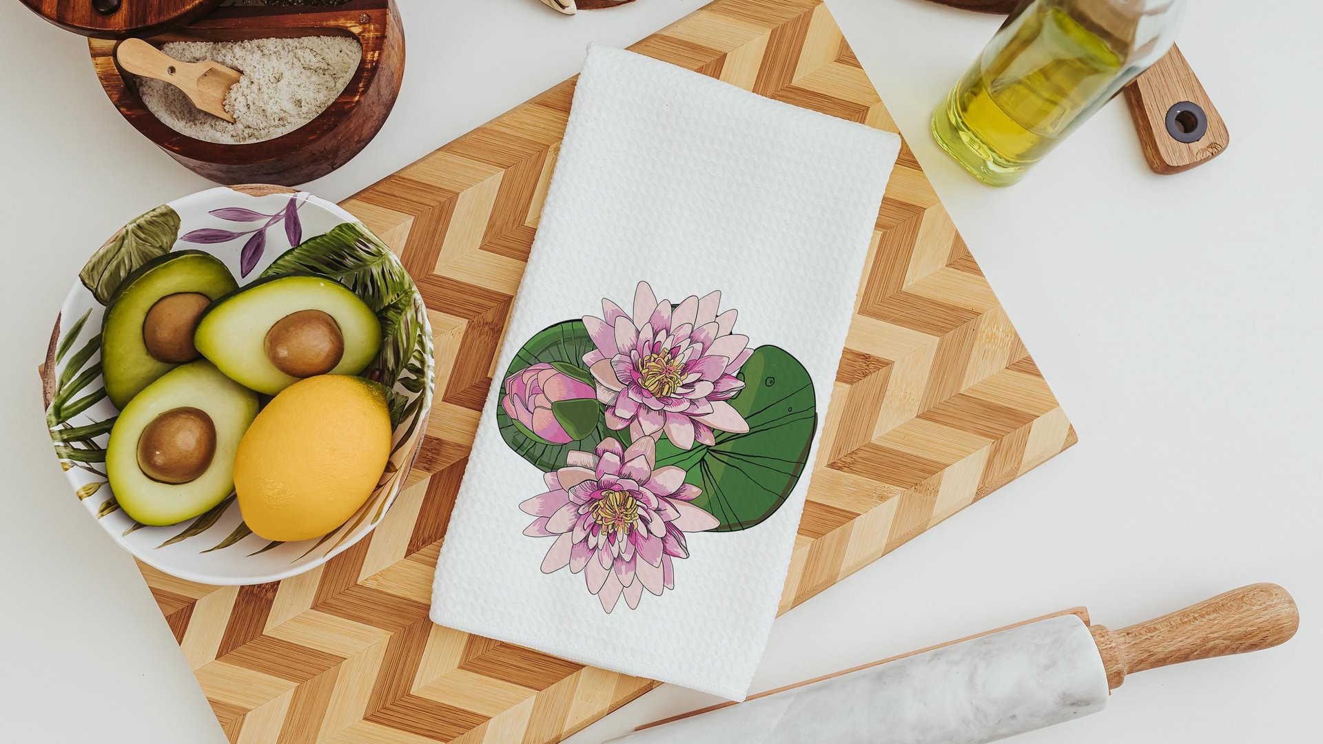 July birth flower throw pillow for bed, larkspur kitchen towels, water lily birth month flower decor, July birthday gifts for her, Leo gifts