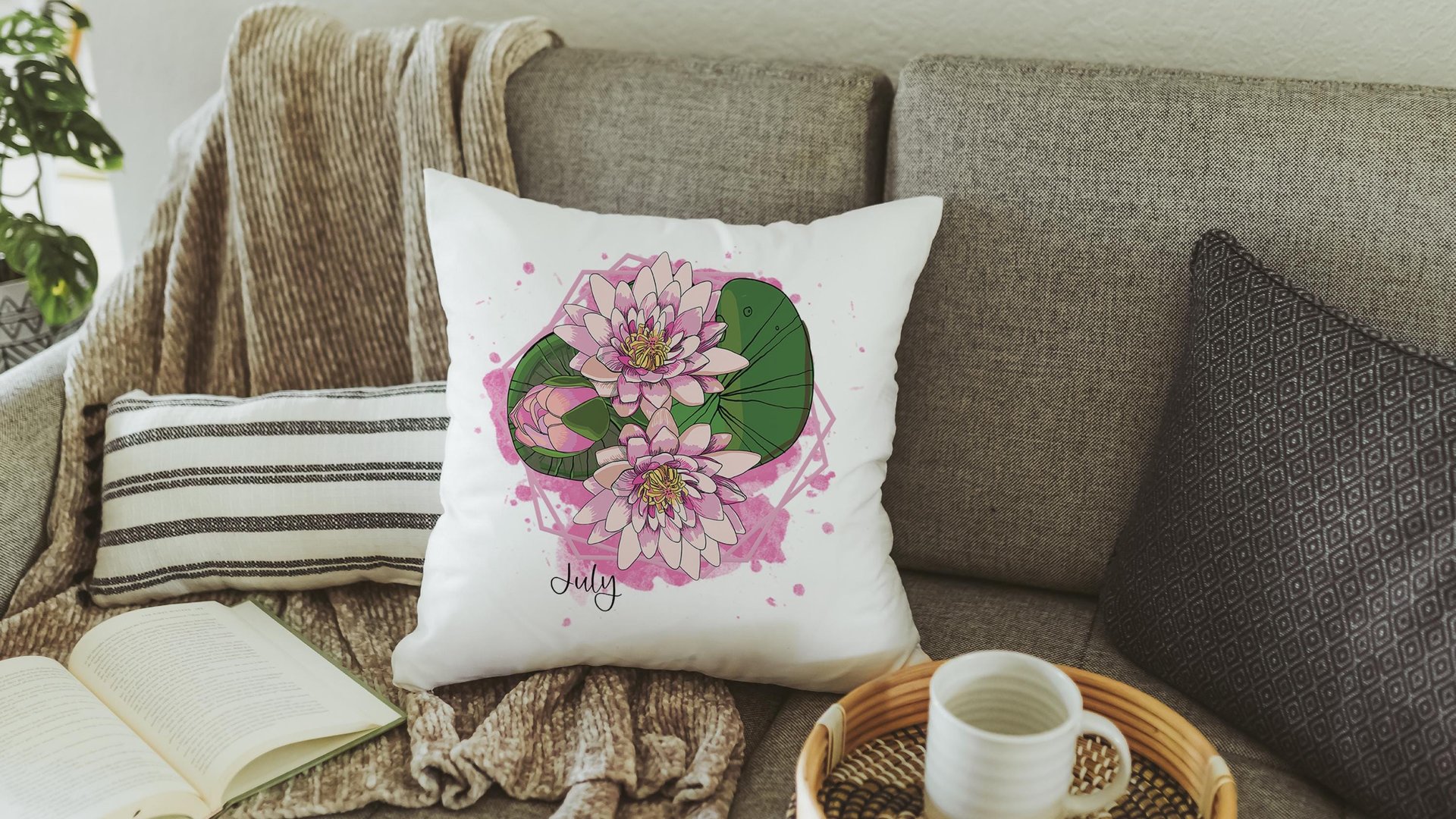 July birth flower throw pillow for bed, larkspur kitchen towels, water lily birth month flower decor, July birthday gifts for her, Leo gifts