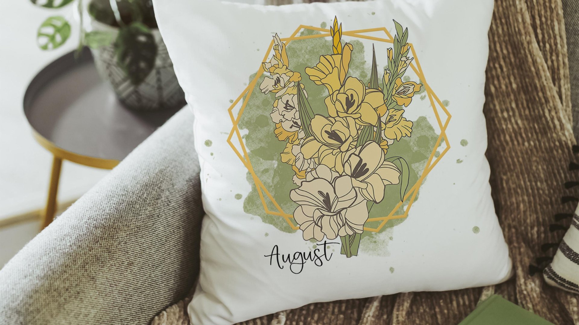 gladiolus flower throw pillow for bed, August birth month flower gifts for her, August birthday gifts for friend, yellow gladiolus kitchen
